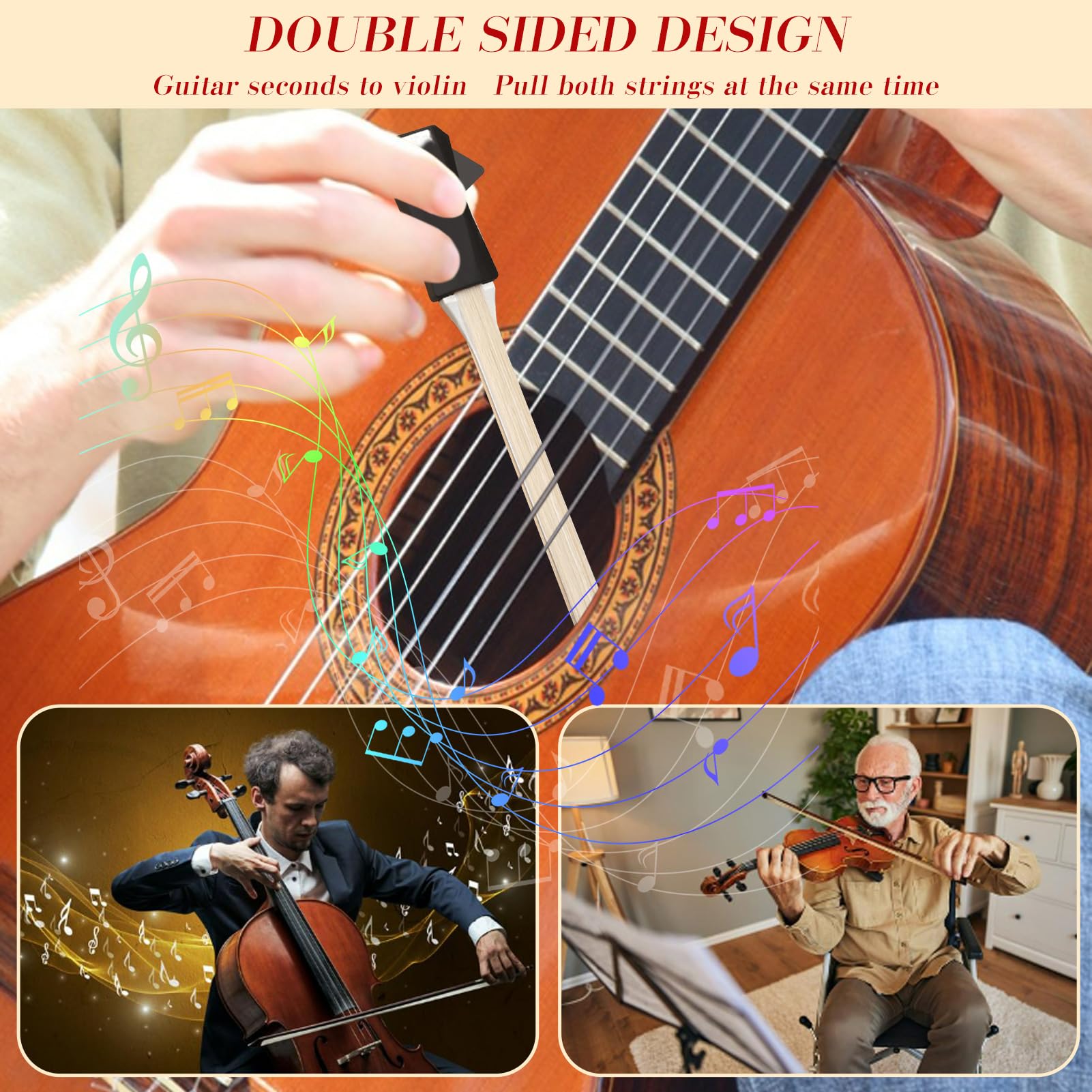 Amycute Bogen für Gitarre, Guitar Bow mit Kolophonium, Doppelseitiger Gitarrenbogen mit Integriertem Plektrum, Mehrzweck-Zupfsaiten-Werkzeug, Geschenk für Gitarrenliebhaber
