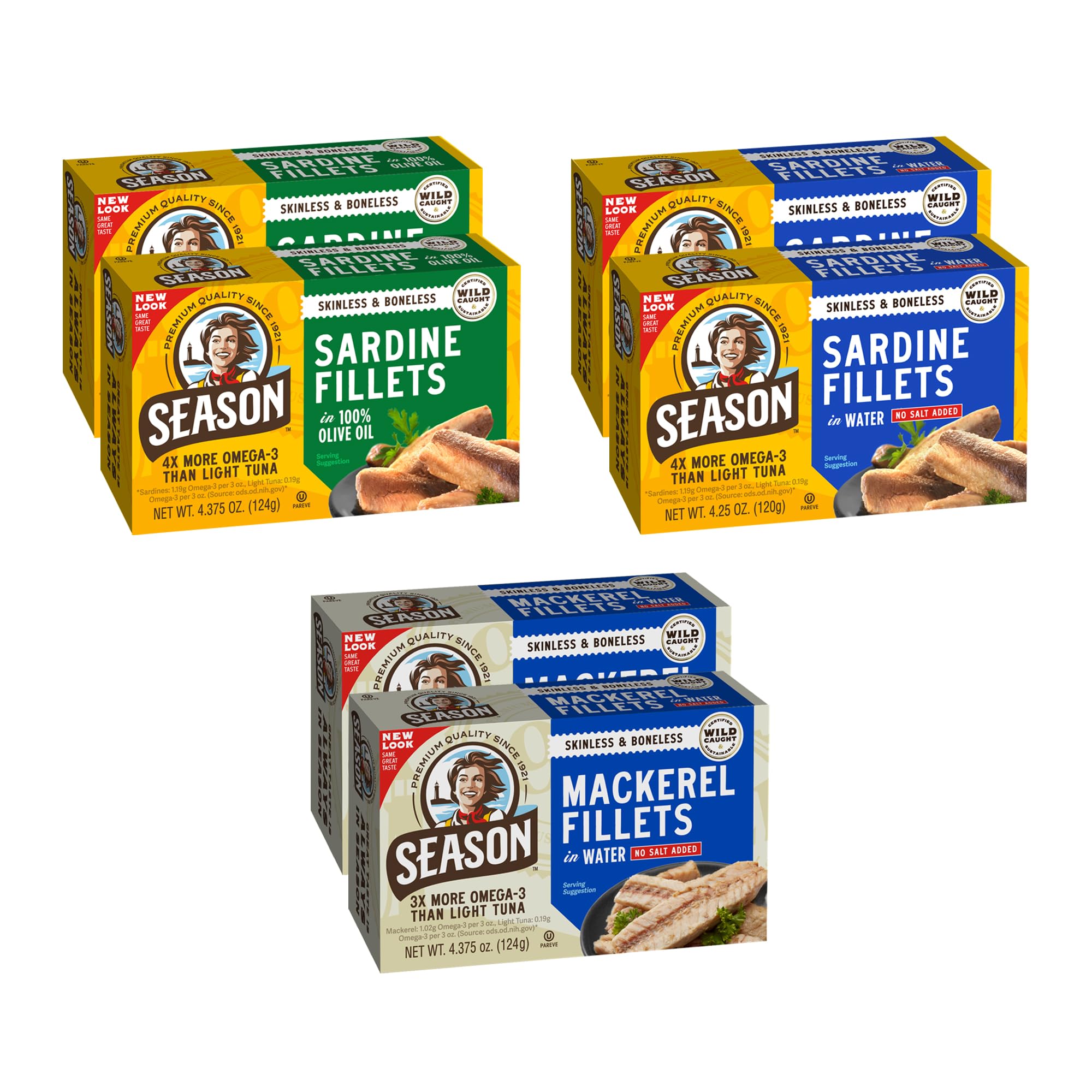 Season Sardines & Mackerel Variety Pack - Wild Caught, Keto, Kosher, Sardines in Olive Oil, Sardines in Water (No Salt Added), Skinless & Boneless Mackerel in Water (No Salt Added) - 2 of Each, 6-Pack