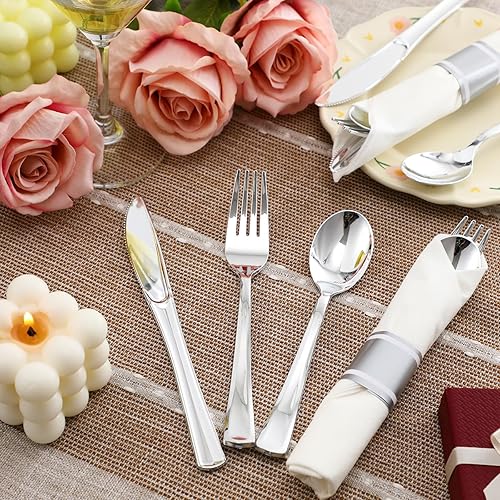 Miniatura 7 de Zubebe Juego de cubiertos preenvueltos con servilletas preenrolladas, cubiertos de plástico desechables, cubiertos de plástico resistente para