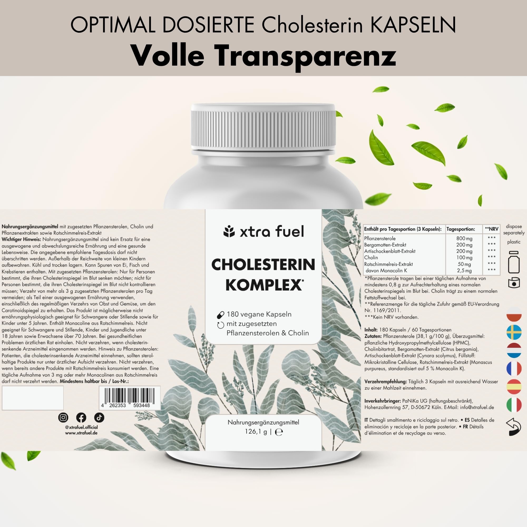 Cholesterin Komplex mit Pflanzensterolen & Cholin – 180 vegane Kapseln (hochdosiert) – Bergamotte, Artischocke & Rotschimmelreis Extrakt mit Monacolin K – vegan & laborgeprüft