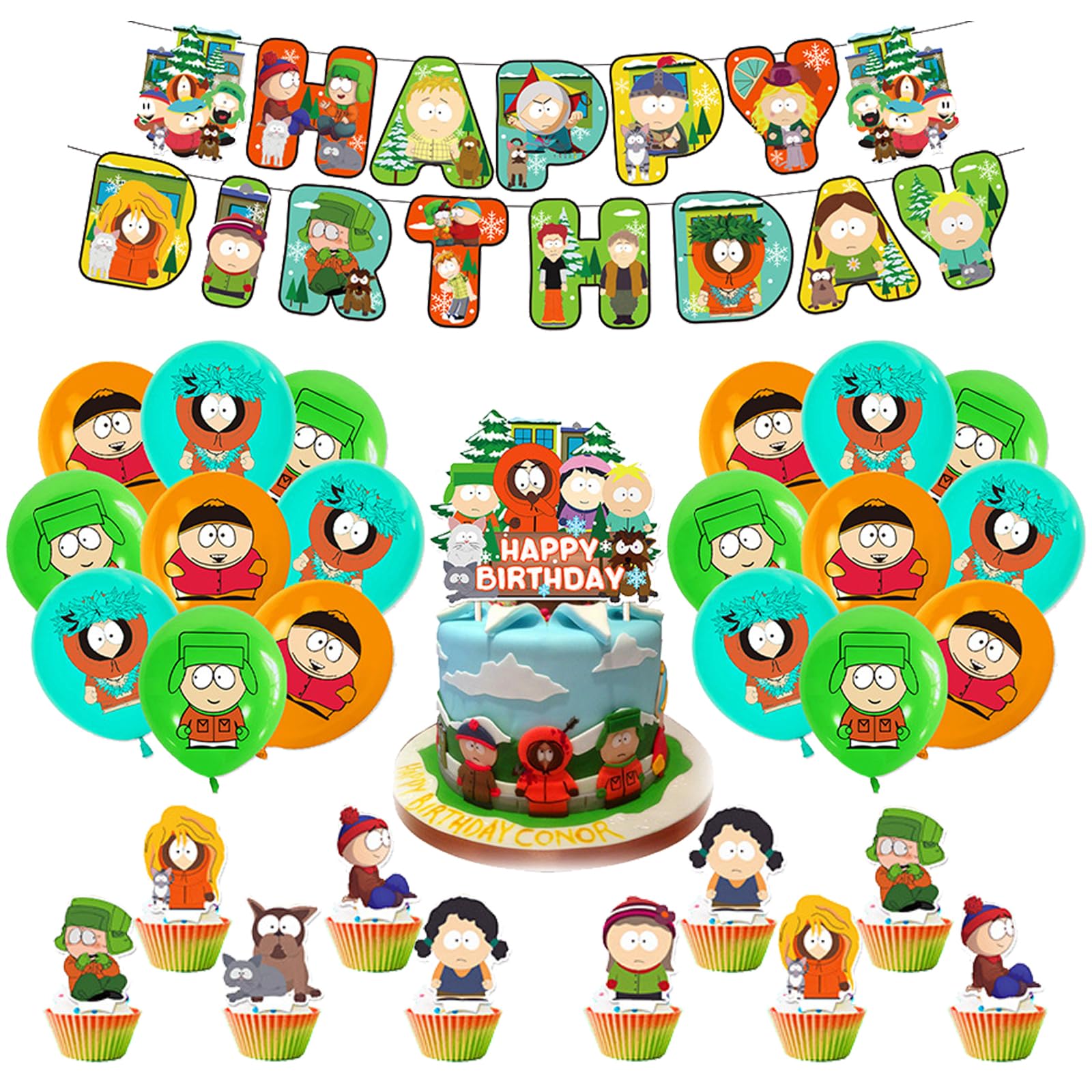 Damoff Birthday Decoration Pack - Cartoon Balloons, Banner; Red