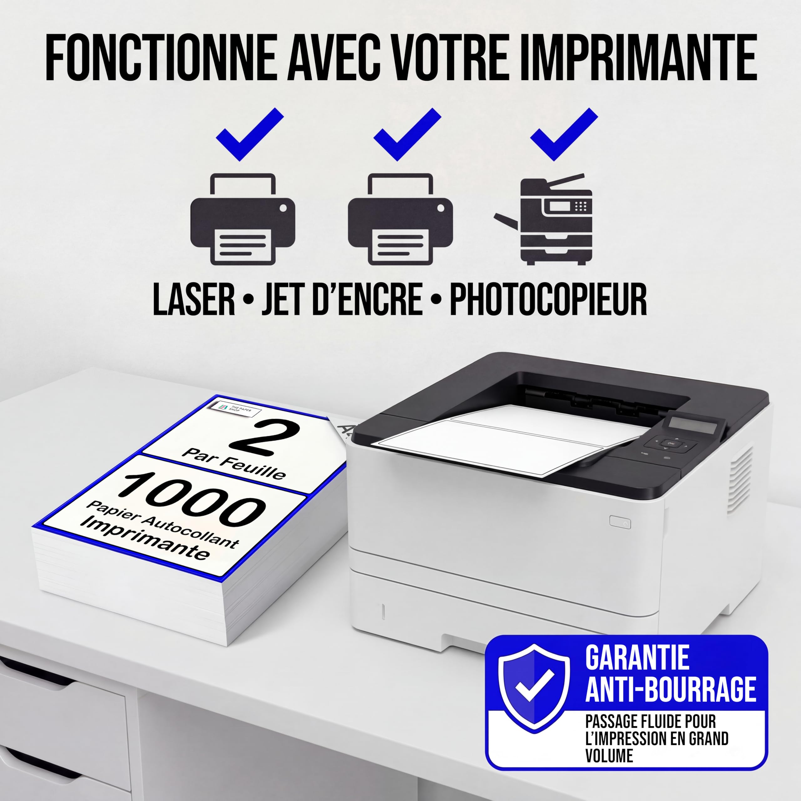 Lot de 1 000 étiquettes autocollantes blanches pour imprimante A4, 2 par feuille | Imprimante adhésive A5, 2 par feuille d'étiquettes d'adresse | Étiquettes d'adresse pour imprimante laser, 2 par