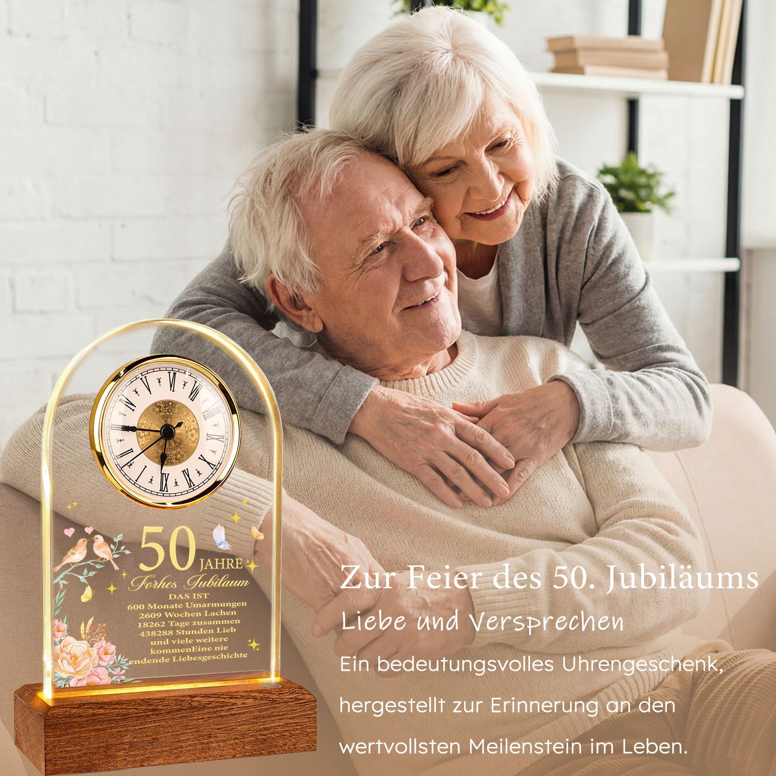 TUZELIYA Regalo di nozze d'oro, anniversario al quarzo, 50° anniversario di matrimonio, regalo con biglietto di auguri e busta, orologio da scrivania, regali di nozze per coppie, genitori, nonni