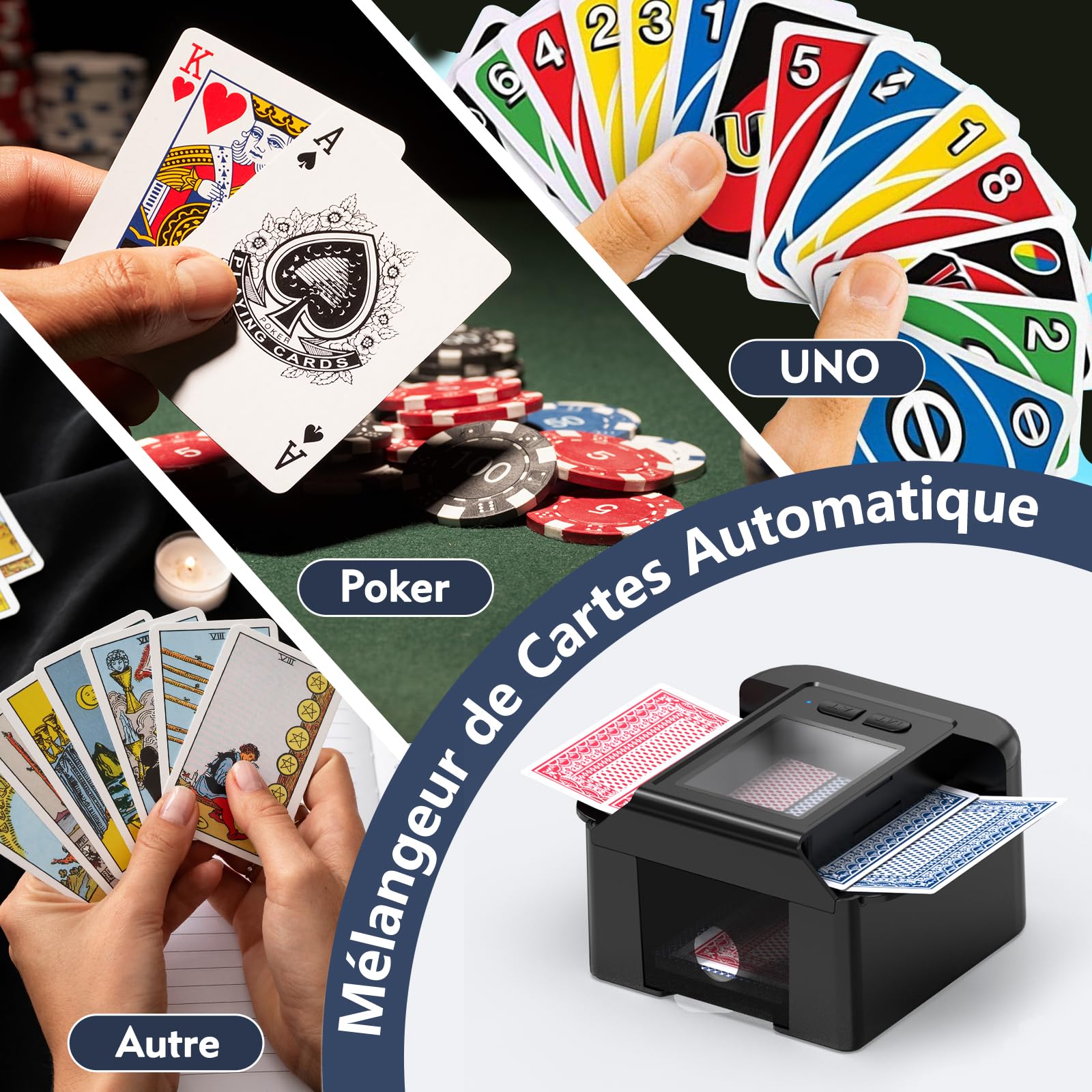 ShinePick Mélangeur de Cartes Automatique, Melangeur de Carte électronique Rechargeable USB, Automatique/Manuel 2 Modes, 1-2 Ponts, pour Jeu de Cartes/UNO/Poker/Texas Hold'em/Blackjack