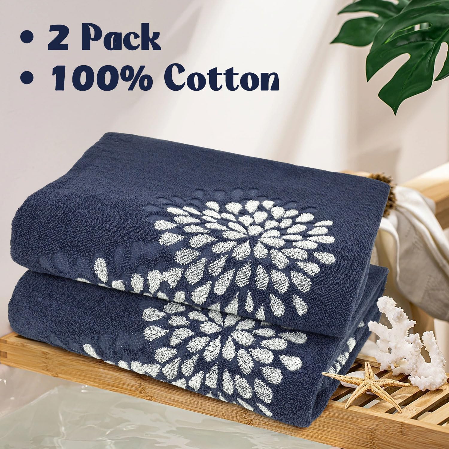 Cute Bath Towels Set of 2 (Denim Blue) - Large 55” x 28”, Decorative Hydrangea Floral Jacquard, Bathroom & Guest Room Decor, Cotton - Image 3