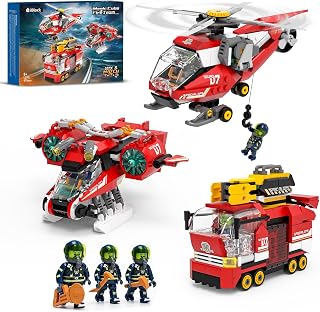 City Fire Truck Building Sets with Helicopter Plane & 3 Firefighter Figures | For Kids Age 8+, 9 Rebuildable Modular Fire Rescus Team Set, STEM Pretend Play Toy, Ideal Gift for Birthday Christmas, 879PCS