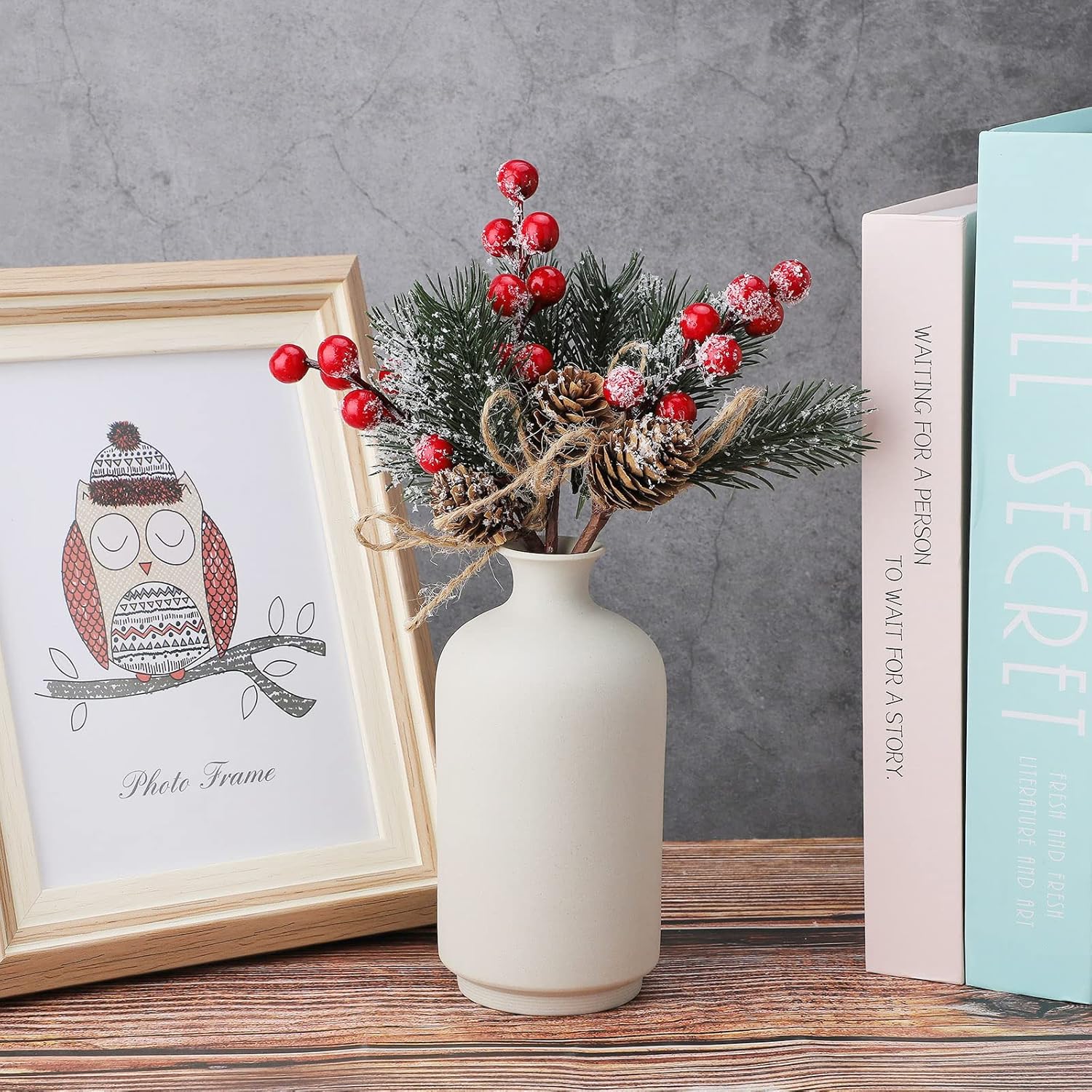 Christmas Pine Picks, 6inch Christmas Red Berry Picks Stems, Artificial Pine Cones Holly Stem Craft, Winter Holiday Flocked Holly Floral Picks for Crafts DIY Xmas Tree Ornaments