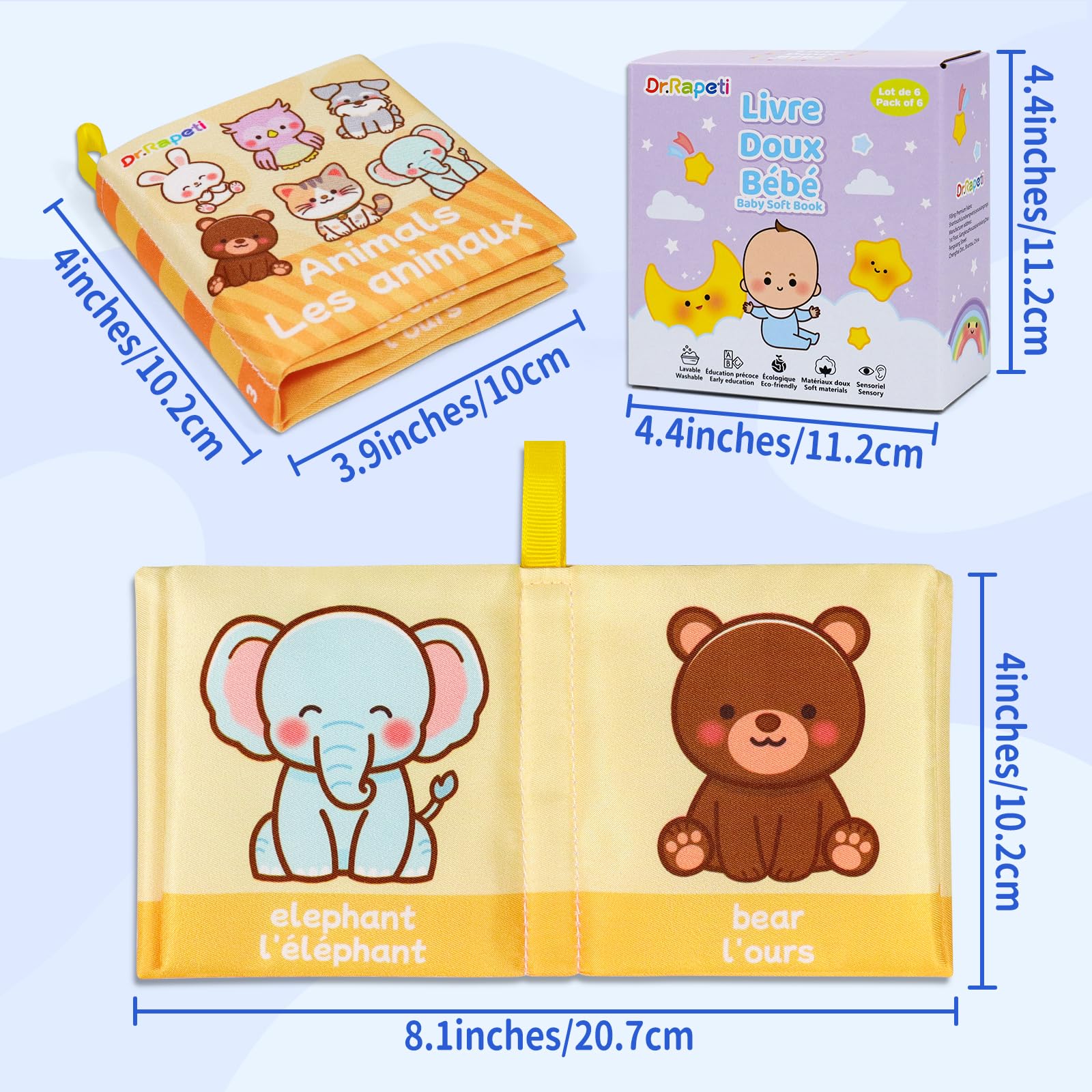 Dr.Rapeti Lot de 6 Livre Bebe en Tissu Doux n Français, Livres D'éveil, Livres en Tissu Doux pour bébé, Jouet Educatif Sonore Book, Bebe Livre Sensoriel pour Enfants Bambin Bébé