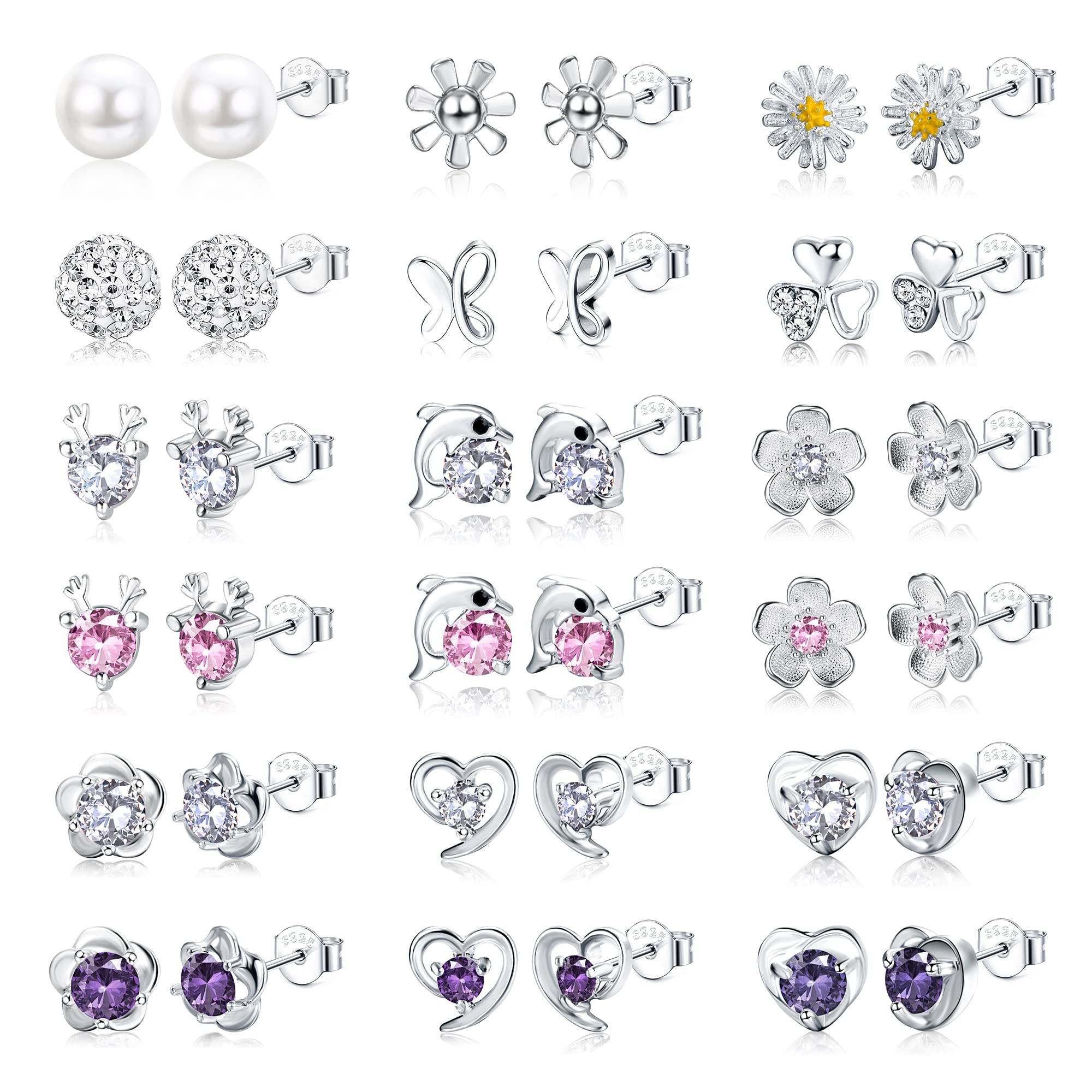 LOLIAS 15-18 Pares Pendientes Plata Ley 925 para Mujeres Niñas Conjunto Pendientes Tachuelas Bonitas Circonita Cúbica Corazón Flor Delfín Ciervo Perlas Tachuelas Regalos Cumpleaños Amistad Pequeños