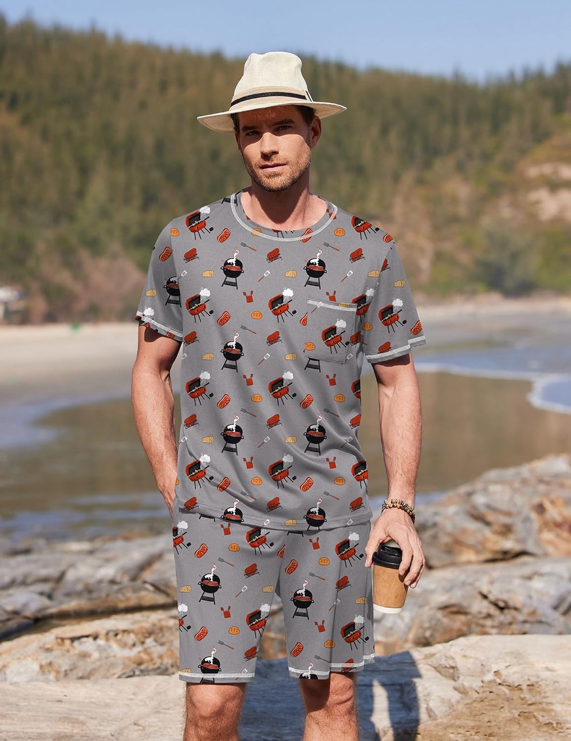 Ekouaer Men's Pajamas Set Casual Short Sleeve Shirts and Shorts Soft 2 Piece Loungewear With Pockets - Image 4