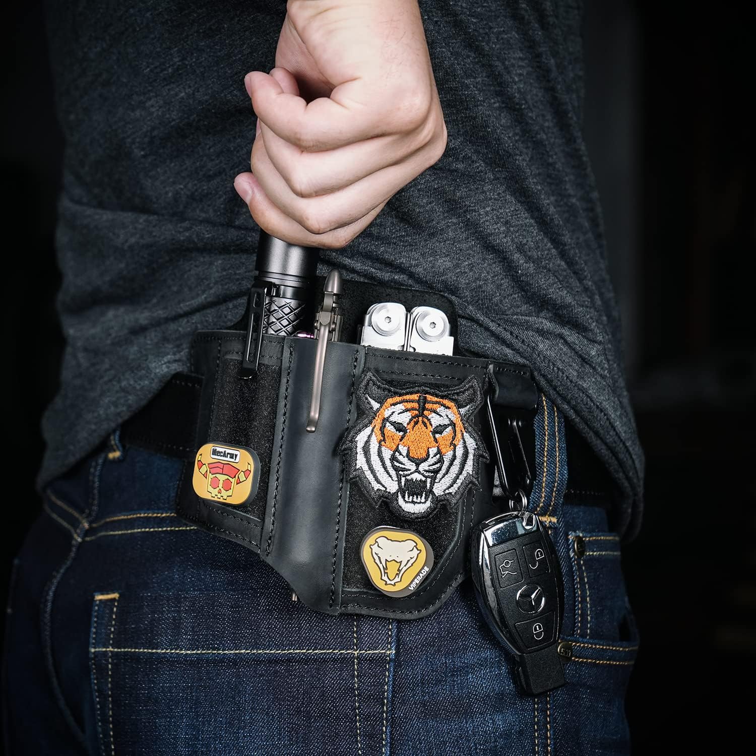 VIPERADE PL3 Multitool Sheath, Leather Sheath with DIY Patch Area, EDC Pocket Organizer for Men, Leatherman Sheath Flashlight Holder with Pen Holder, EDC Belt Organizer with Key Holder (B-Black) - Image 2