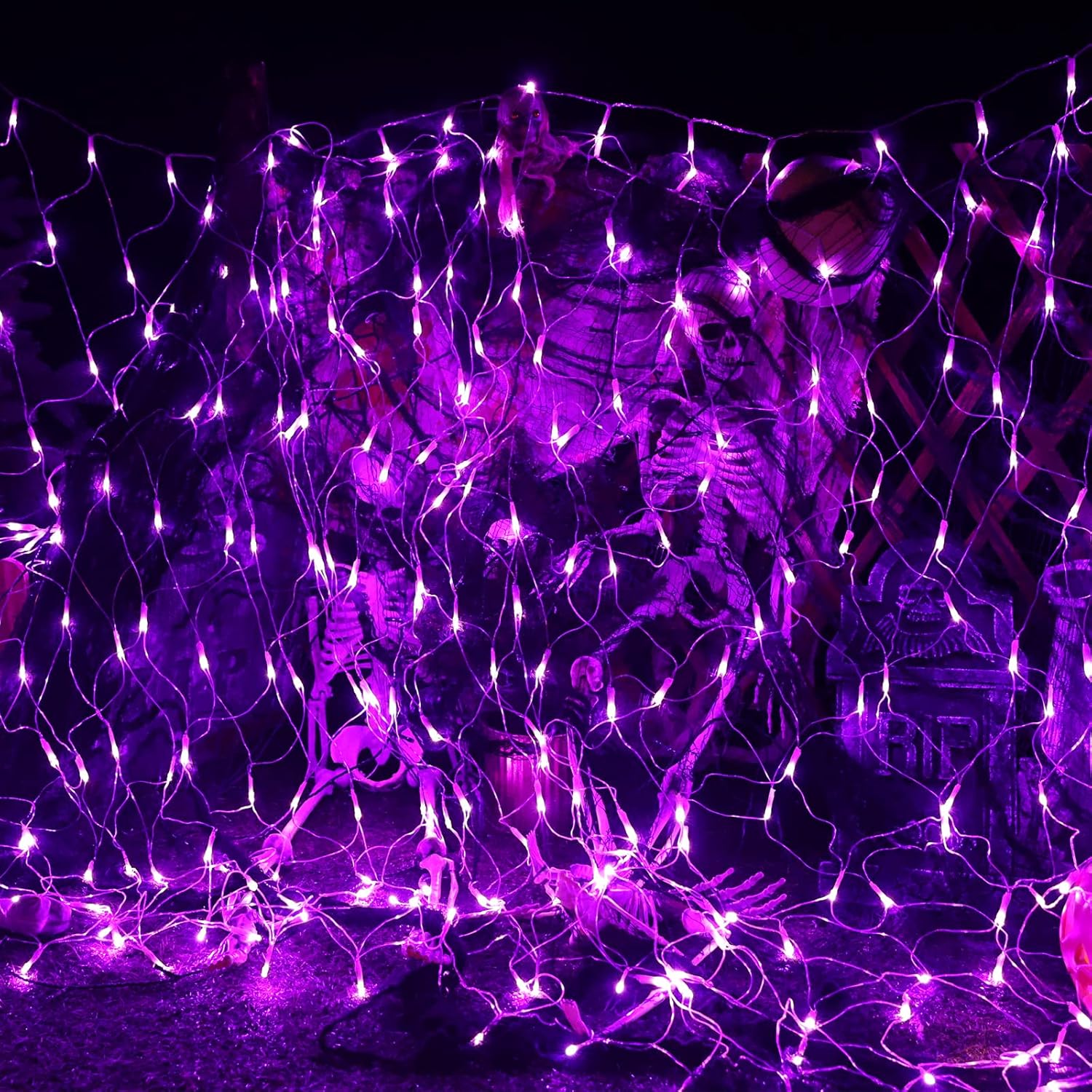 LYHOPE 12ft x 5ft 360 LED Halloween Net Lights, 8 Modes Low Voltage Net Lights, Mesh Halloween