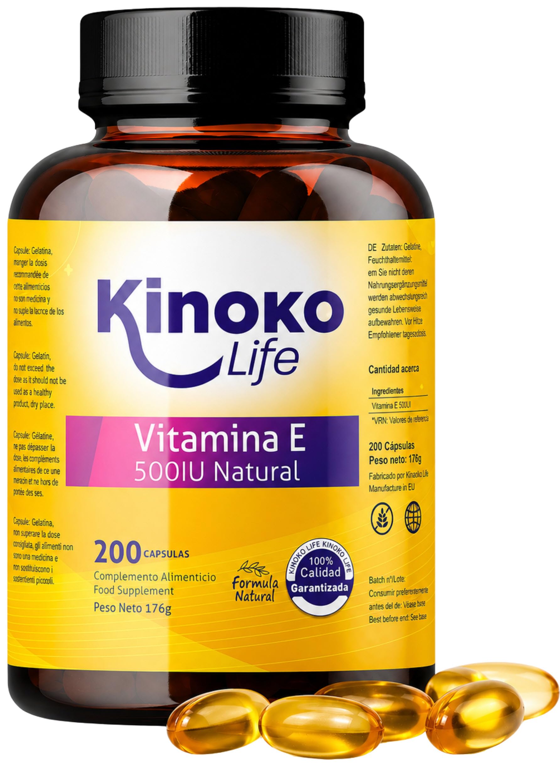 VITAMIN E 500 IE | 200 Kapseln | 100% Fettlöslich und Rein | Schwermetallfrei | Enthält kein Soja | Immunsystem, schützt unsere Haut und unser Herz | Glutenfrei | Ohne Magnesiumstearat