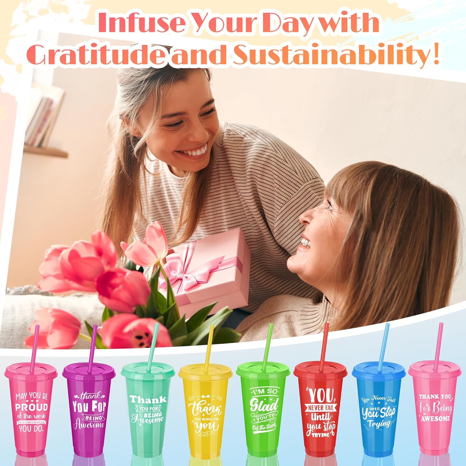 Kochorie 24 Pieces Thank You Cups 24 Oz Inspirational Plastic Tumbler Cup with Lids and Straws Reusable Appreciation Gift Bulk Thank You Gifts for Staff Coworker Teacher Employee, Rainbow - Image 6