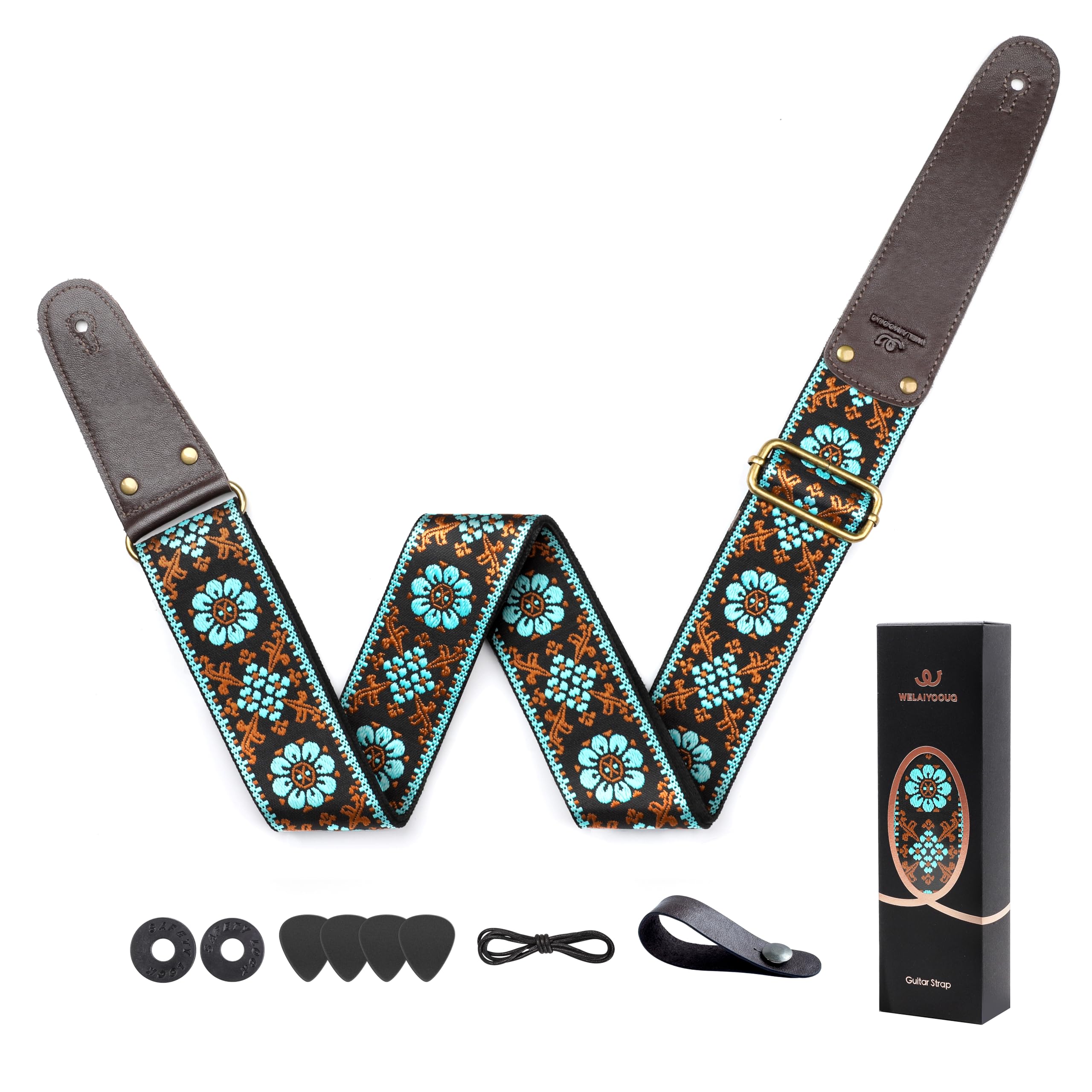 Guitar Strap, Double Cowhide Leather End, Set for Bass/Electric/ukulele/Acoustic Guitars, Vintage Jacquard Adjustable Straps, Free Headstrap and Leather Headband（Embroidered Blue Flower Gold Vine）