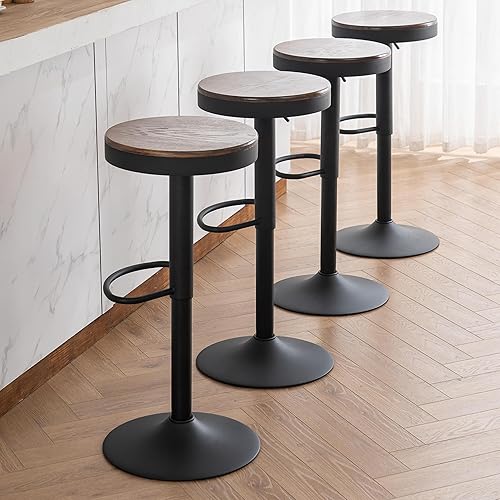 Miniatura 8 de Kidol & Shellder Juego de 2 taburetes de bar giratorios de altura ajustable, asiento redondo de madera de nogal, sillas de bar modernas sin brazos