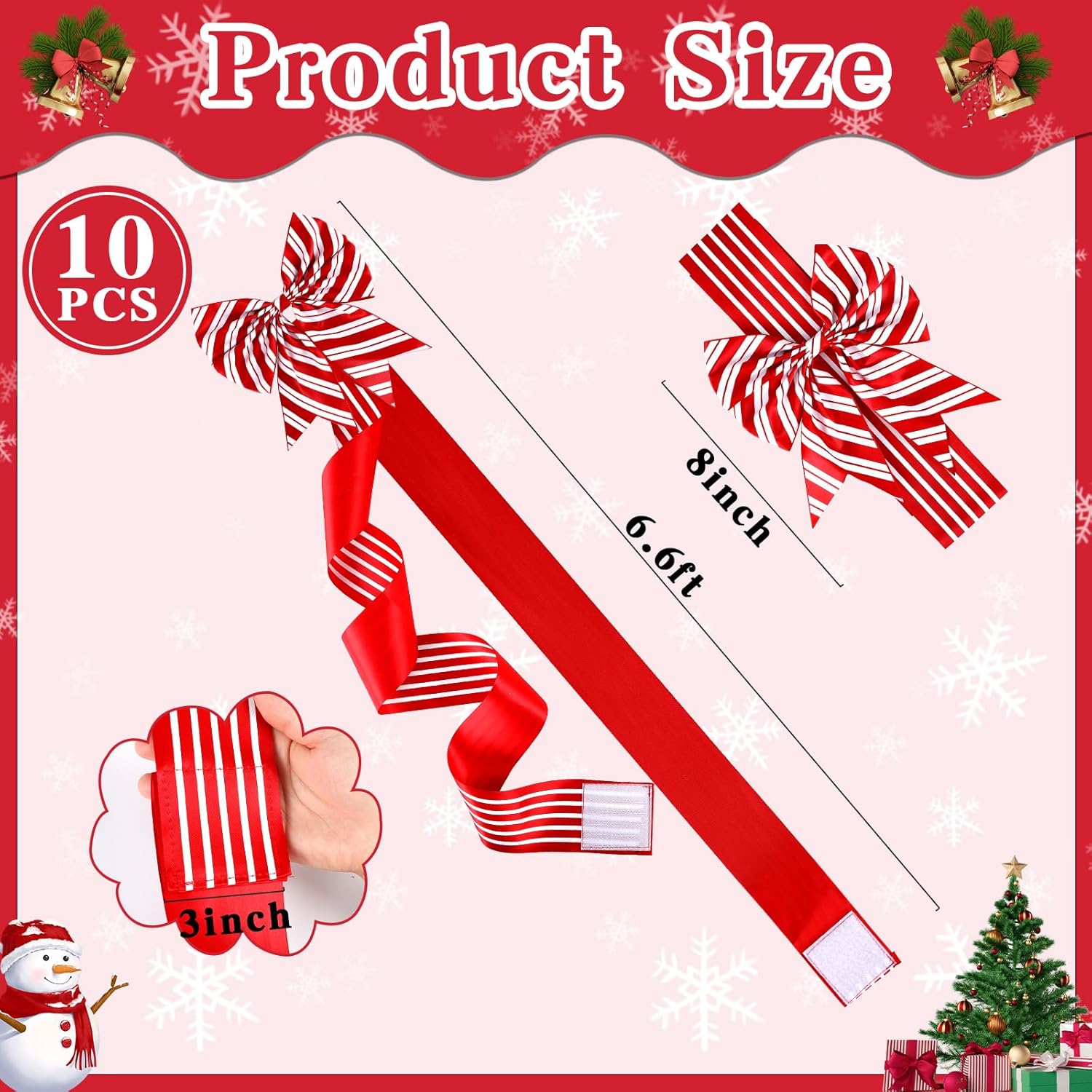 10 Pcs Christmas Cabinet Ribbons Large Bows for Christmas Cabinet Door Red White Bow Xmas Candy Cane Bows and Ribbon for Kitchen Cupboard Furniture Winter Holiday Home Party Decoration Gifts