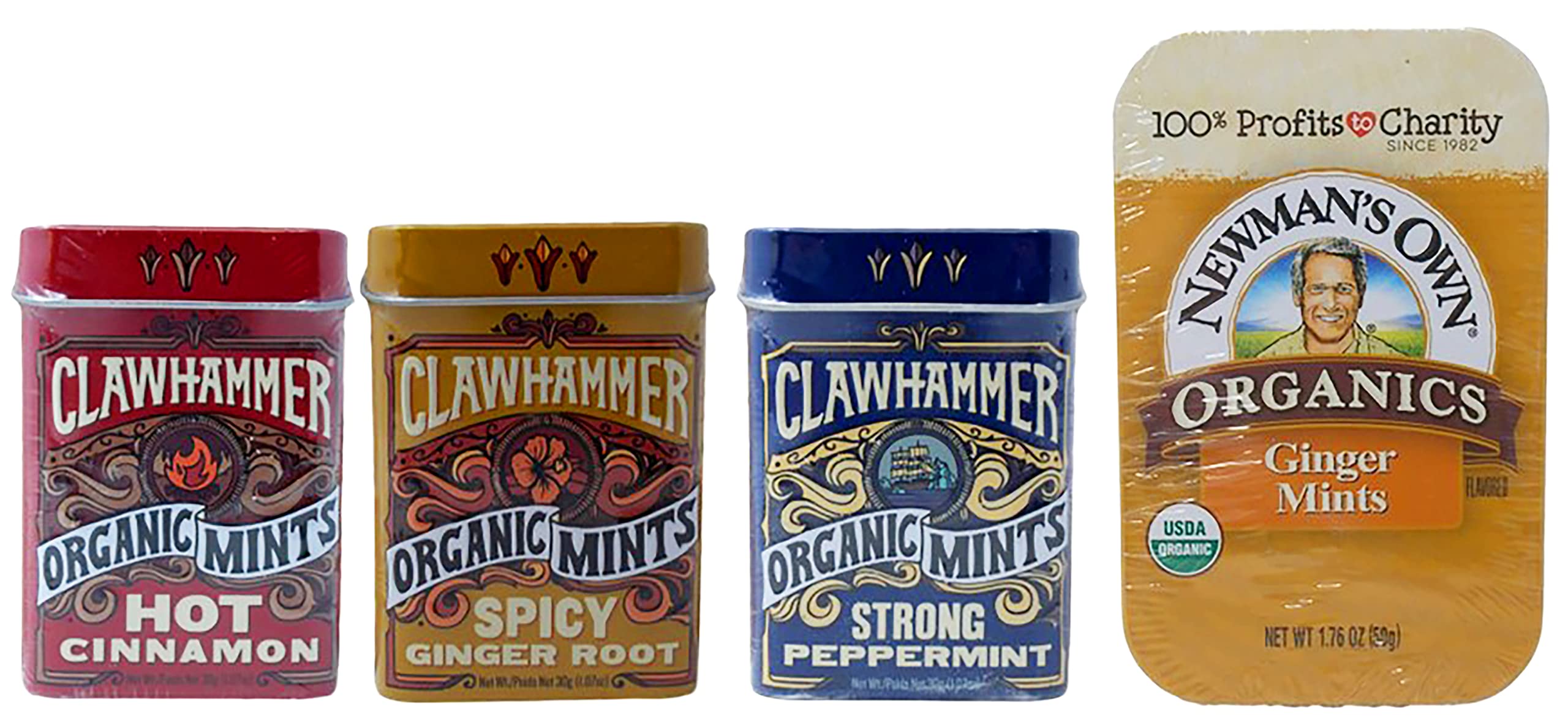 Organic Mints Candy Tin 4 Flavor Variety Bundle, (1) each: Newman's Own Organics Ginger plus Clawhammer Hot Cinnamon, Spicy Ginger Root, Strong Peppermint (1.07-1.76 Ounces)