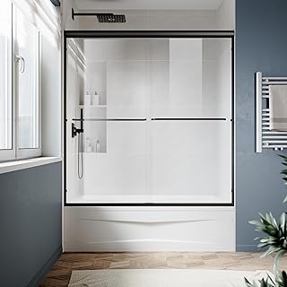 SUNNY SHOWER Double Sliding Glass Door 60" W x 57" H Shower Door 1/4" Tempered Glass Sliding Door Semi-Frameless Shower Glass Enclosure Bypass Walk in Shower Cabin, Matte Black