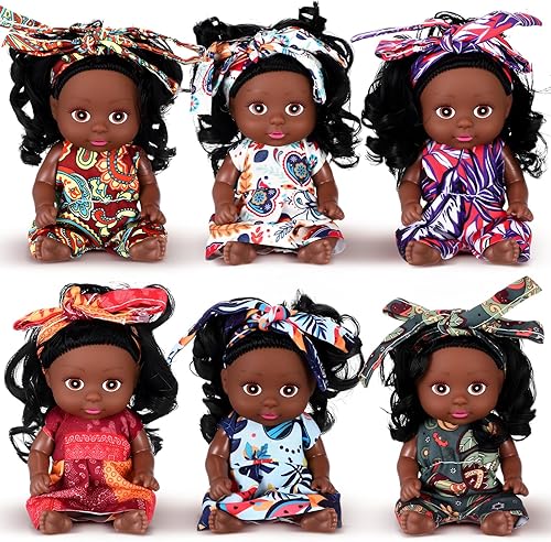 Hanaive 6 piezas 10 cm Muñecas de bebé africano mini realistas muñecas negras realistas con diferentes ropas, regalos pequeños y lindos para niños