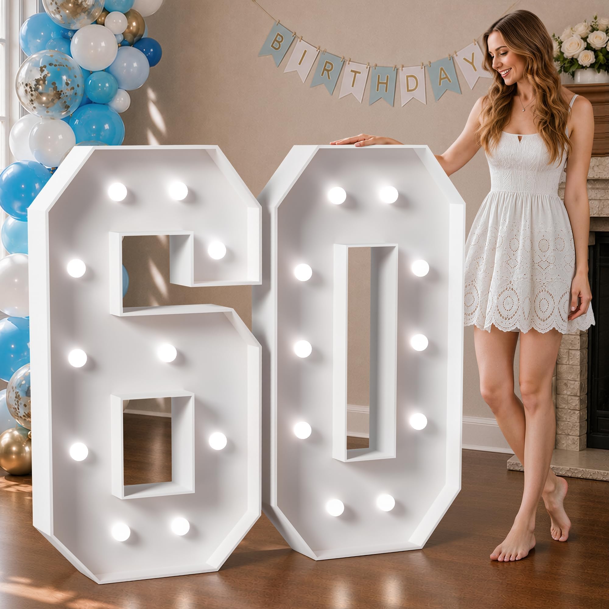 Marquee Numbers 4 Feet Tall Big Light Up Numbers 60th Birthday Decorations Women Men White Anniversary Party Decor Large Cardboard Prop Backdrop Sign 60