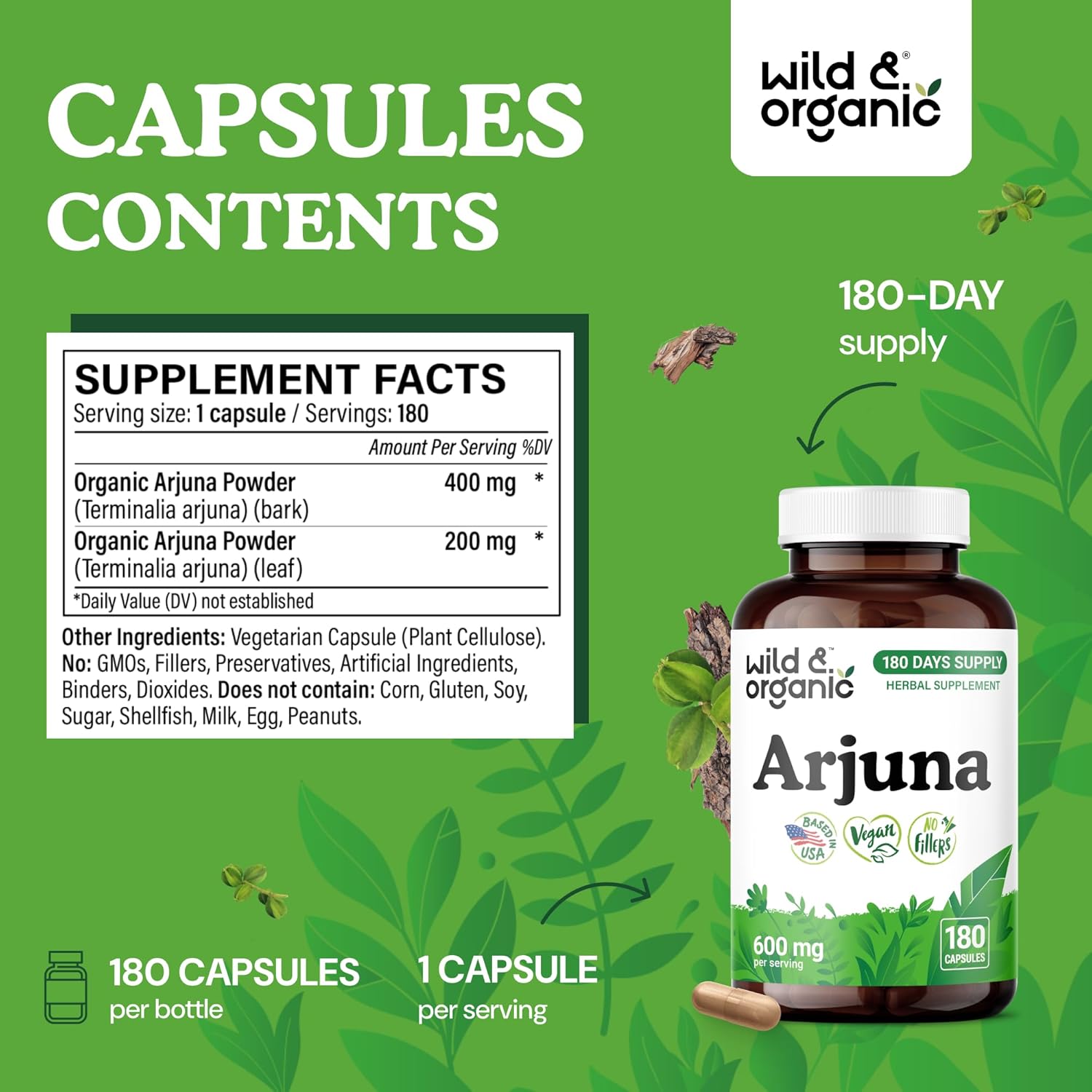 Wild & Organic Arjuna Bark Capsules - Overall Support - Arjuna Powder Supplement - 180 Herbal Capsules - 6-Month Supply - Terminalia Bark & Leaf Extract - Vegan, No Fillers, Non-GMO