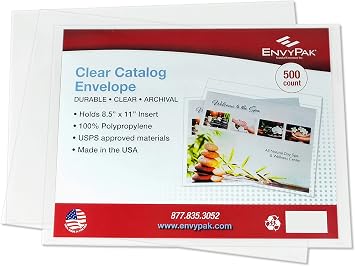 EnvyPak 9 x 12 Clear Booklet Envelopes, No Tape/Open Flap, 4.5 Mil Heavy Duty Polypropylene, USPS Approved, Auto-Insertable, Made in USA, 500-Pack
