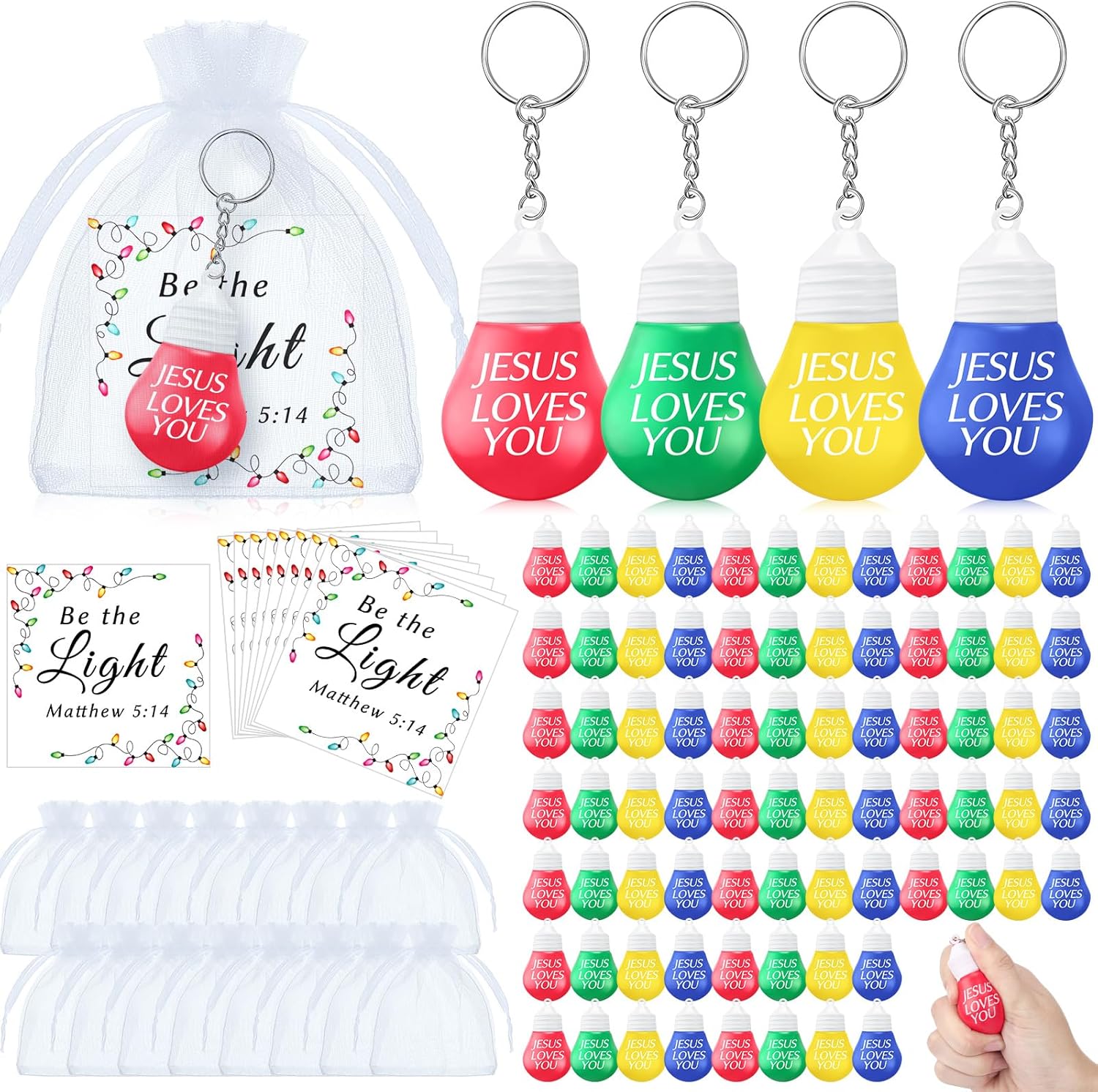 60 Sets Easter Religious Jesus Gifts Bulk Jesus Loves You Light Bulb Shaped Stress Ball Keychains with Christian Cards Organza Bags for Church Prizes Easter Egg Fillers