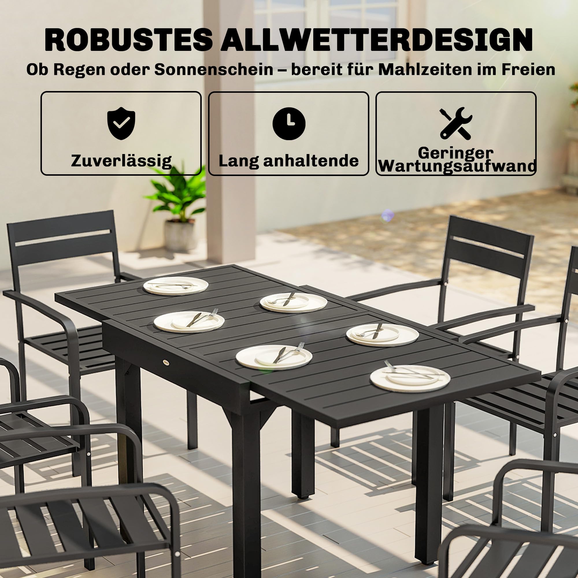 Outsunny Gartentisch Ausziehbarer 80/160 x 80 cm Aluminium Esstisch für 4-6 Personen, Rechteckiger Balkontisch mit Lamellenplatte, Wetterfest Terrassentisch für Garten, Terrasse Balkon Schwarz