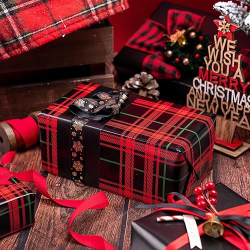 Miniatura 7 de WRAPAHOLIC Papel de regalo reversible, mini rollo, 17 pulgadas x 33 pies, diseño a cuadros rojos y negros para cumpleaños, Navidad, vacaciones,