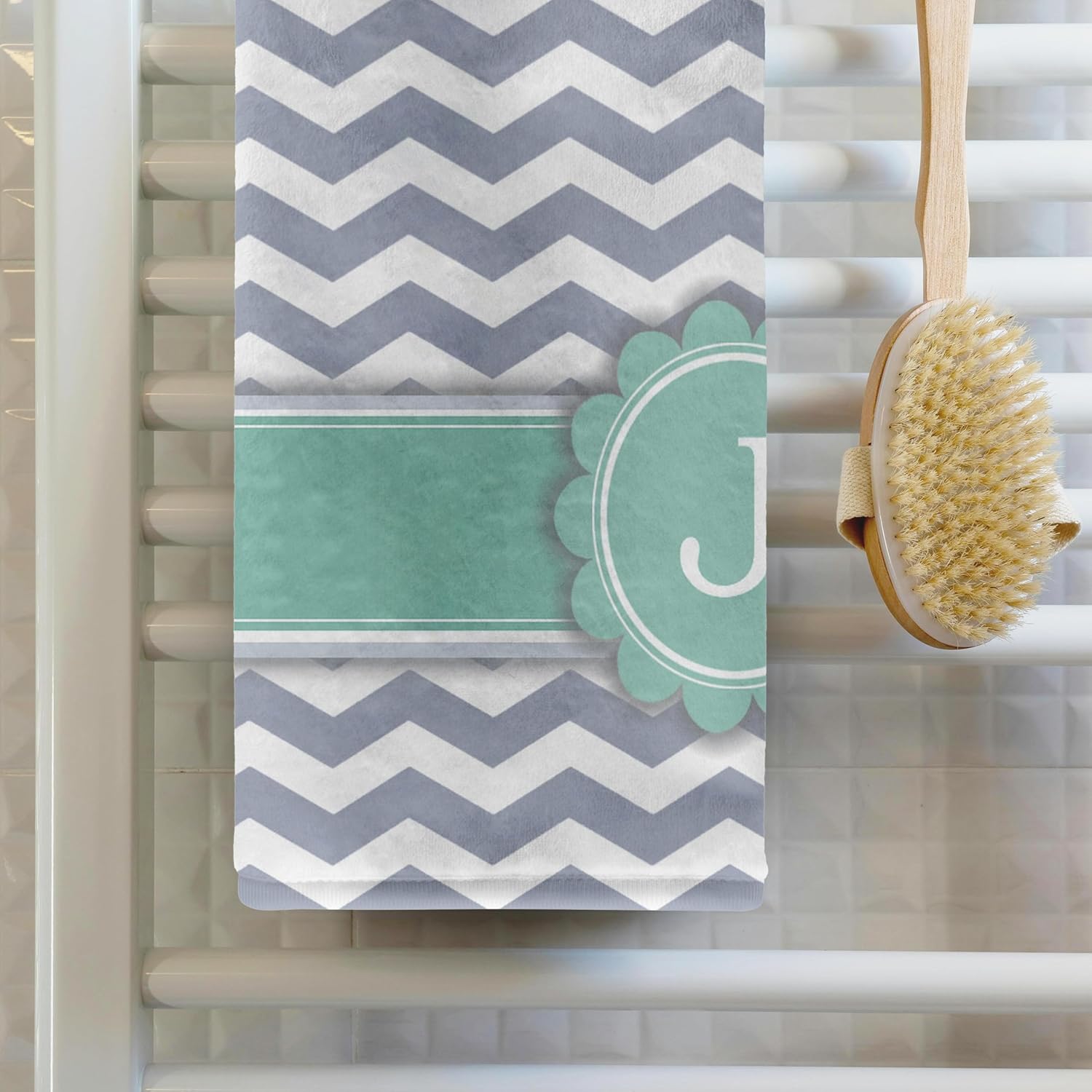 3dRose Letter J Monogrammed on Grey and White Chevron with Mint - Gray Zigzags - Personal Initial Zig Zags 22x30 Bath Hand Pool Towel