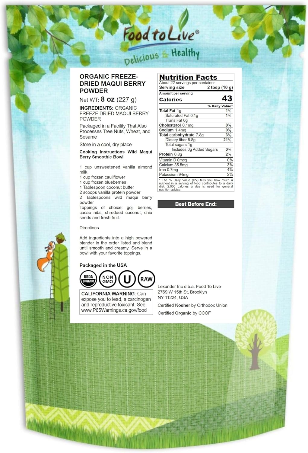 Food to Live Organic Freeze-Dried Maqui Berry Powder, 8 Ounces — Non-GMO, Raw, 100% Pure, Vegan Superfood, No Added Sugar, Bulk, Rich in Iron, Fiber and Antioxidant, Great for Juices, Drinks, and Smoothies.