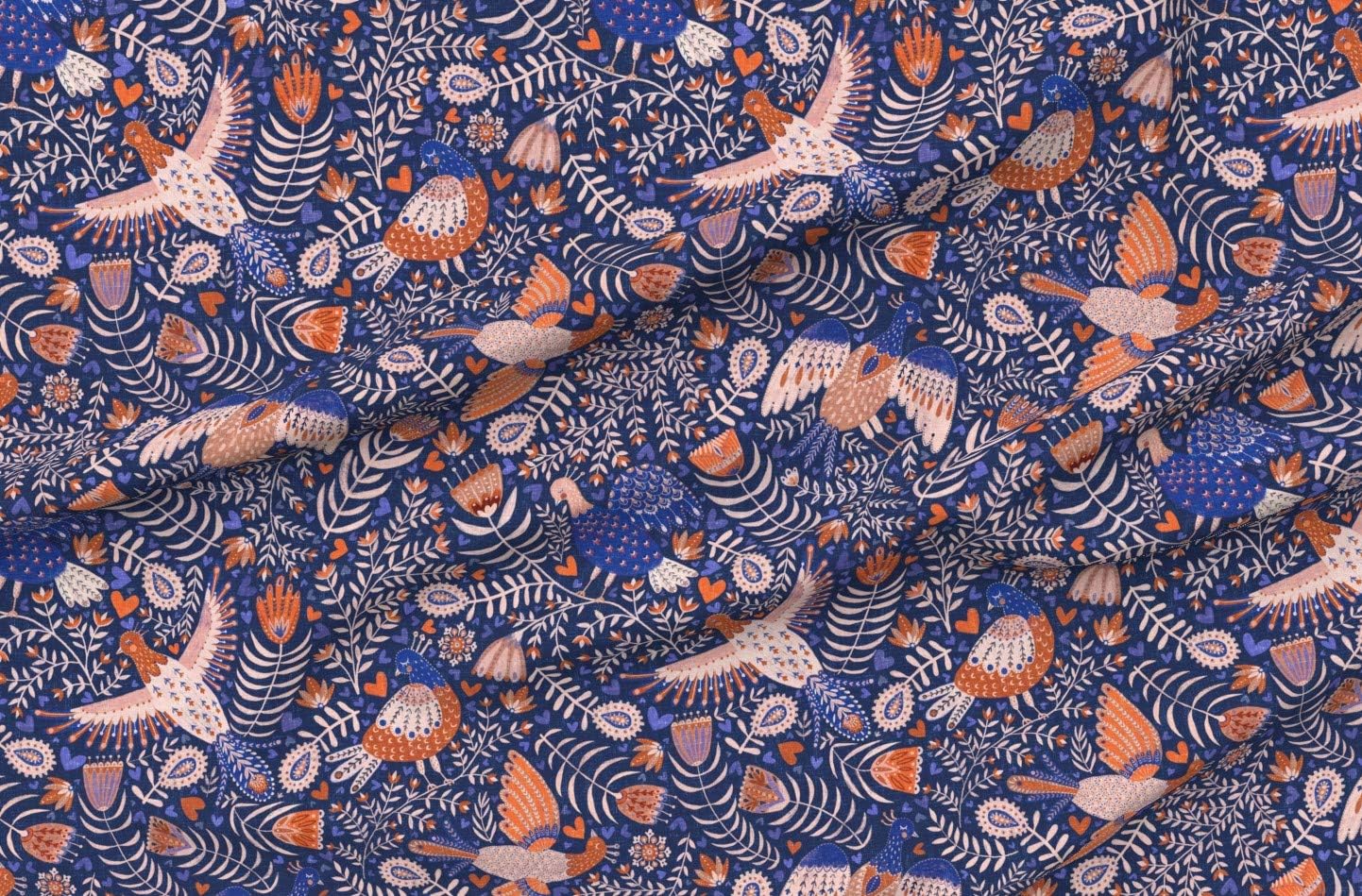 Spoonflower Fabric - All Birds Blue Large Scandinavian Folk Art Printed on Organic Cotton Sateen Fabric by The Yard - Sewing Quilting Apparel Home Decor