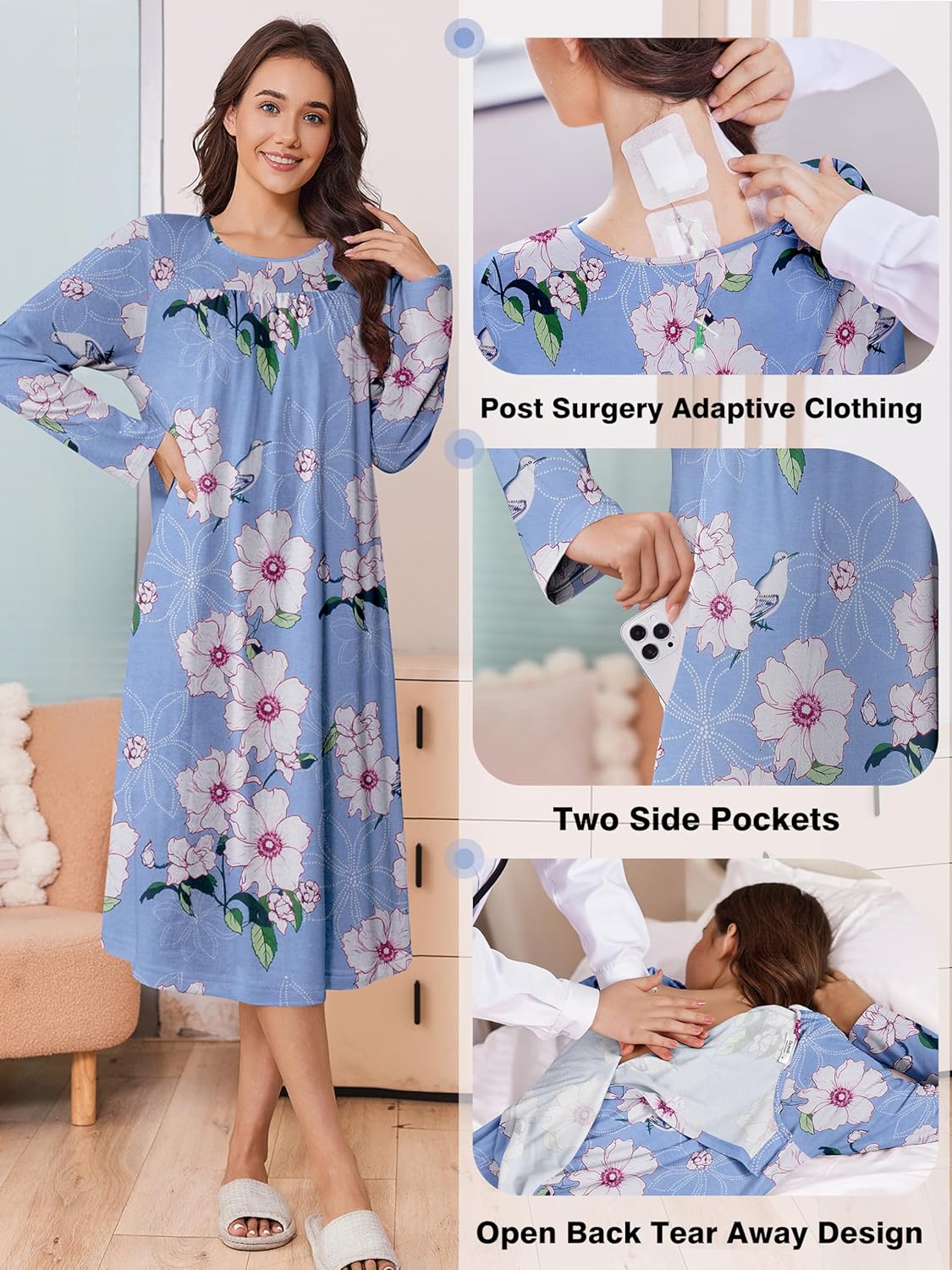 Deyeek Hospital Gowns for Women Tear Away Snap Open Back Dress Long Sleeve Post Surgery Adaptive Nightgown with Pockets - Image 3