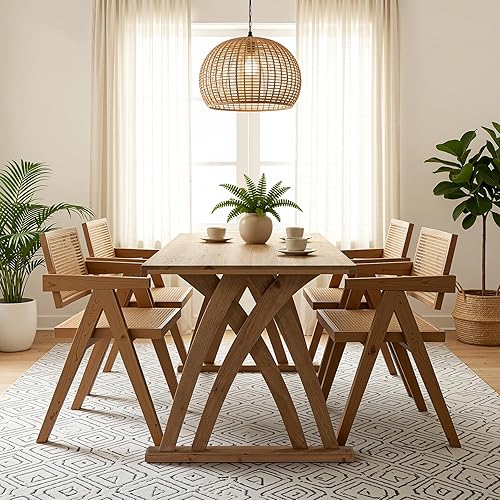 Miniatura 4 de LITTLE TREE Mesa de comedor de madera maciza para 4 a 6 personas, mesa de cocina rectangular de 63 pulgadas con marco de madera resistente, mesa de