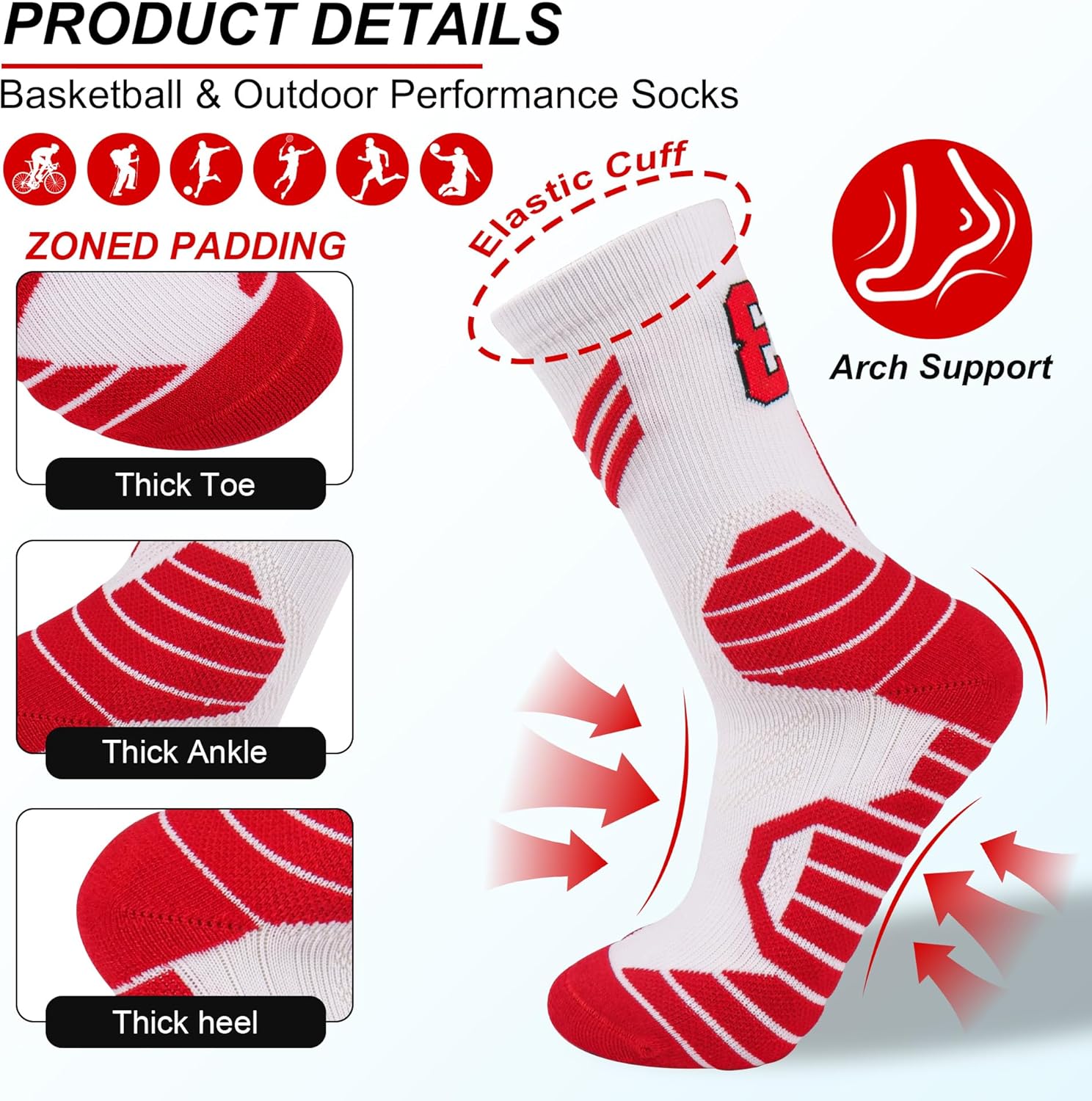 Elite Basketball Socks 3 Pair - Moisture-Wicking Arch Support Crew Sock for Men/Women, Running Athletic Socks - Image 2