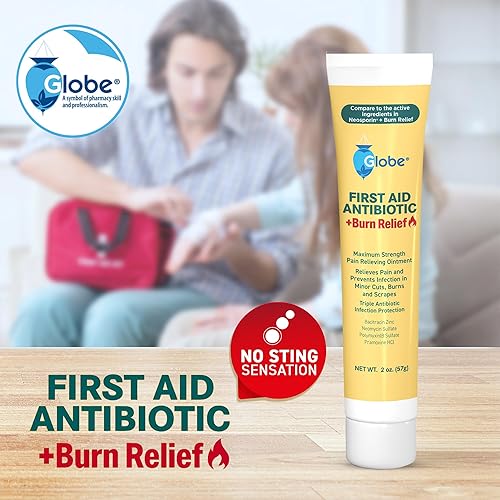 Miniatura 8 de Globe First Aid Antibiótico Burn Relief, ungüento antibiótico triple de máxima fuerza para protección contra infecciones 24 horas, 2 onzas
