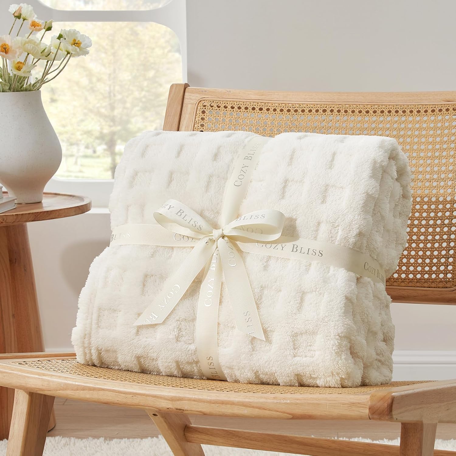 Cozy Bliss Ultra Soft Waffle Blanket - Lightweight Cozy Blankets Gift for Women,Cute Checkered Throws Blanket for Bed, Couch and Sofa,Ivory,66x90 Inches