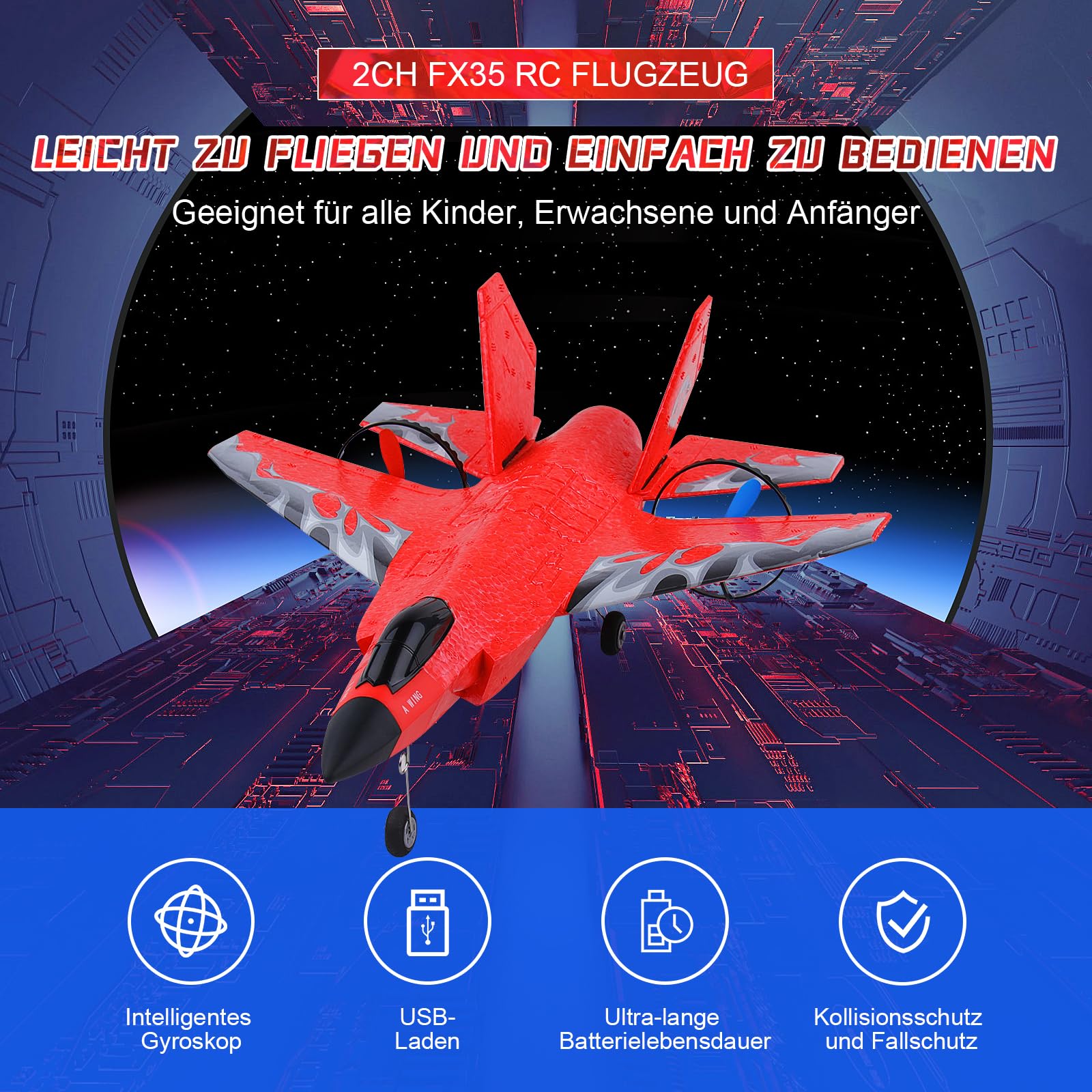 Henakmsl RC F35, Aereo Telecomandato 2.4GHz Fighter HW39 Con 2 Batterie, Radiocomandato RTF per Bambini/Adulti/Principianti, Rosso