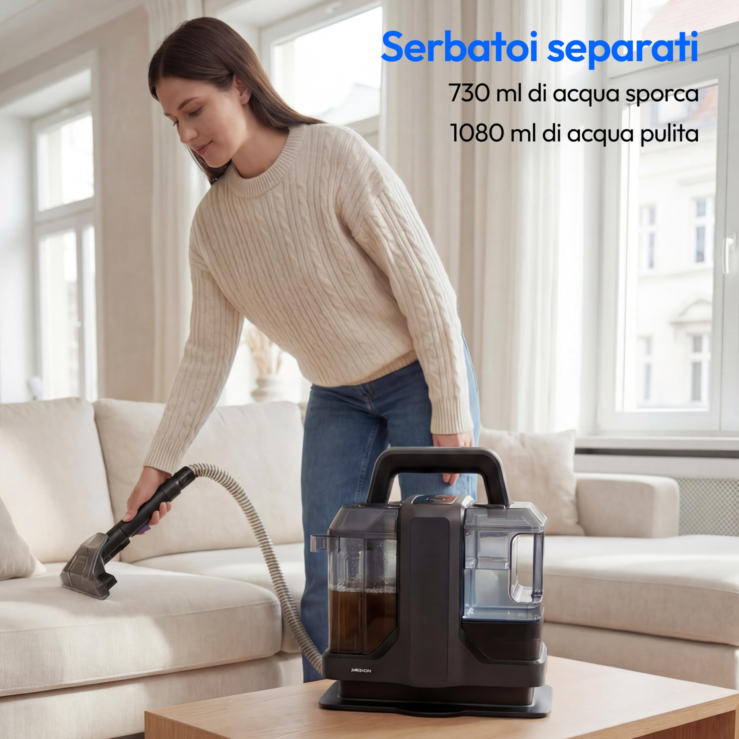 MEDION Pulitore per tappezzeria lava aspiraliquidi (Aspiratore a umido per tappezzeria, tappeti e sedili auto, serbatoio acqua pulita e sporca, bocchetta per finestre, MD100122)