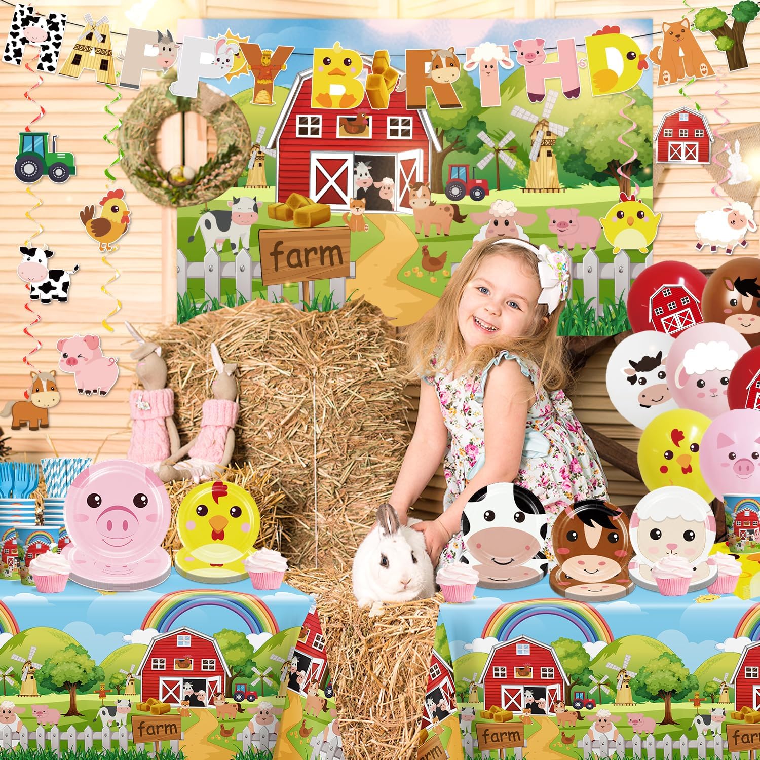 Cocomigo 159pcs Farm Birthday Decorations for Kids, 5 Styles Of 300gsm Thick Animal Plates 2 Tablecloths 1 Backdrop 1 Banner 18 Balloons for 20 People, Suitable for Farm Theme Birthday Decorations - Image 7