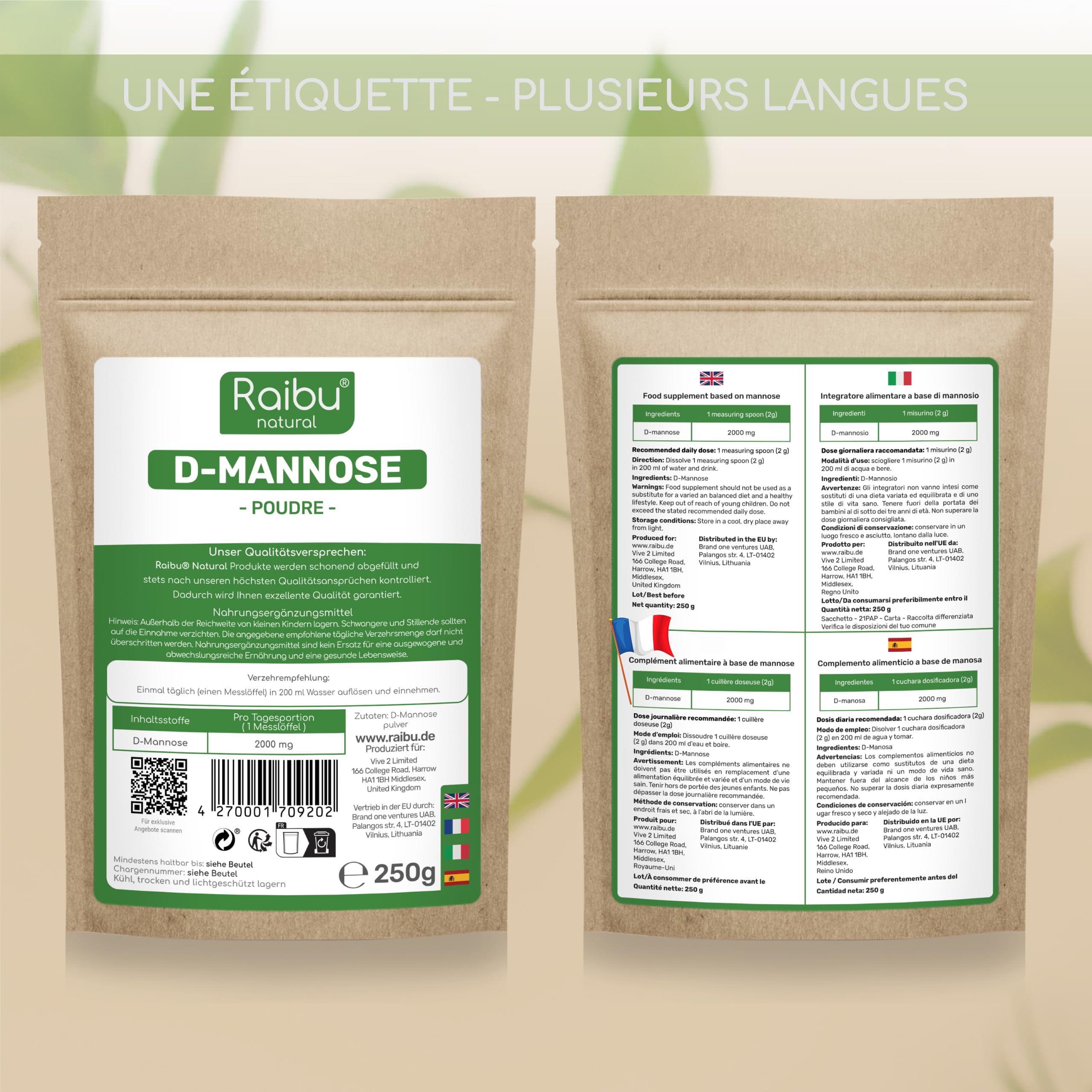Raibu D-Mannose Poudre 250 g - Plus de 4 Mois - 2000 mg par Dose D Mannose Poudre - Cuillère de Dosage Incluse - Pur & Végétalien