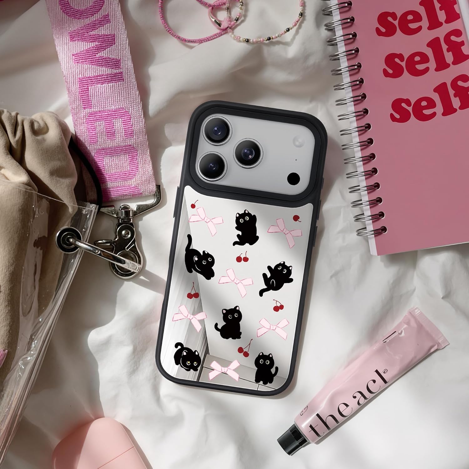 NIMASO for iPhone 17 Pro Case, Mirror Phone Case with Black Cat Pattern, Compatible with MagSafe, Glossy Hard Back, Cute Case for Women Girls