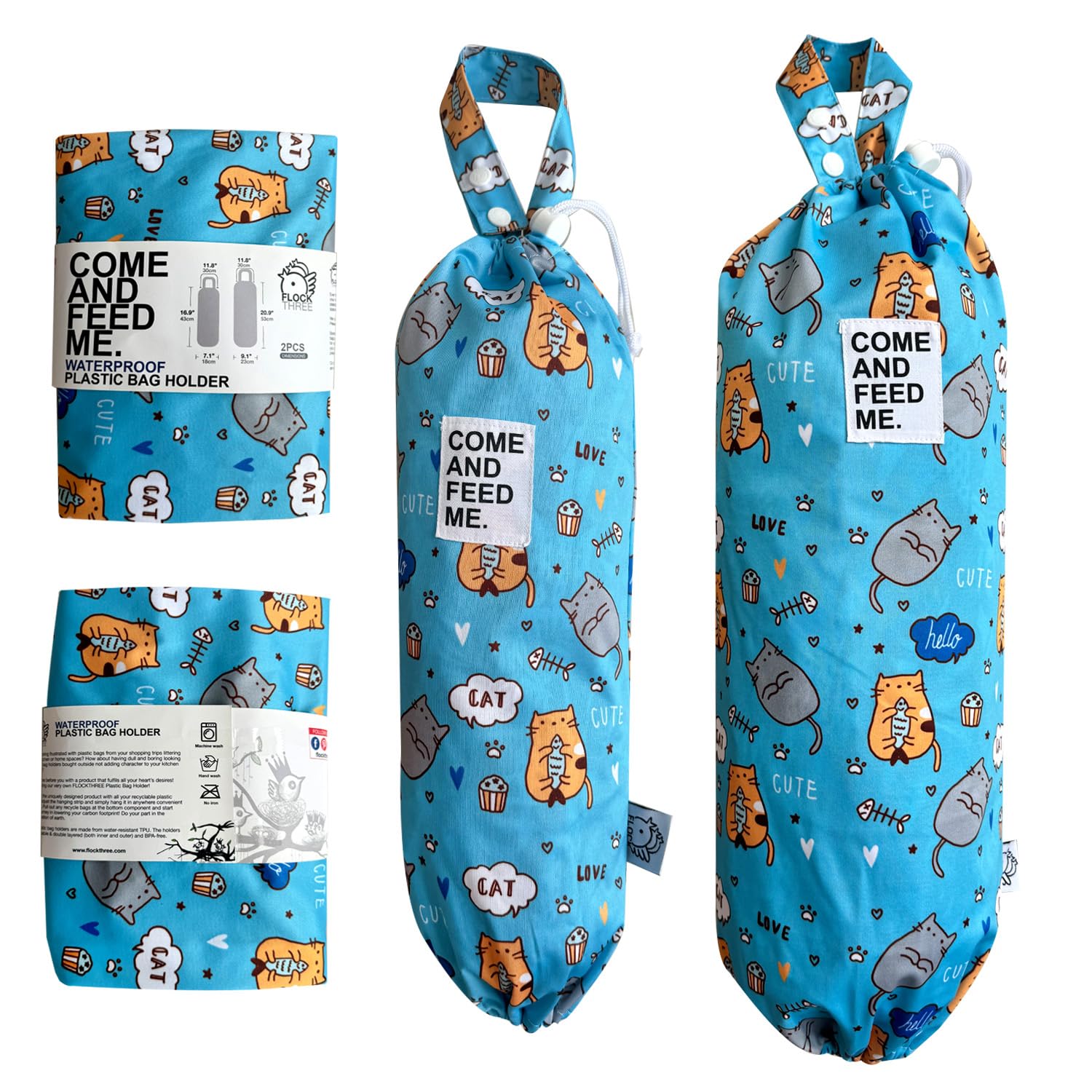 FLOCK THREE Waterproof Plastic Bag Holder Grocery Shopping Carrier Storage Kitchen Travel Camp Carrier Dispenser 2 Pack (Cute Cats)