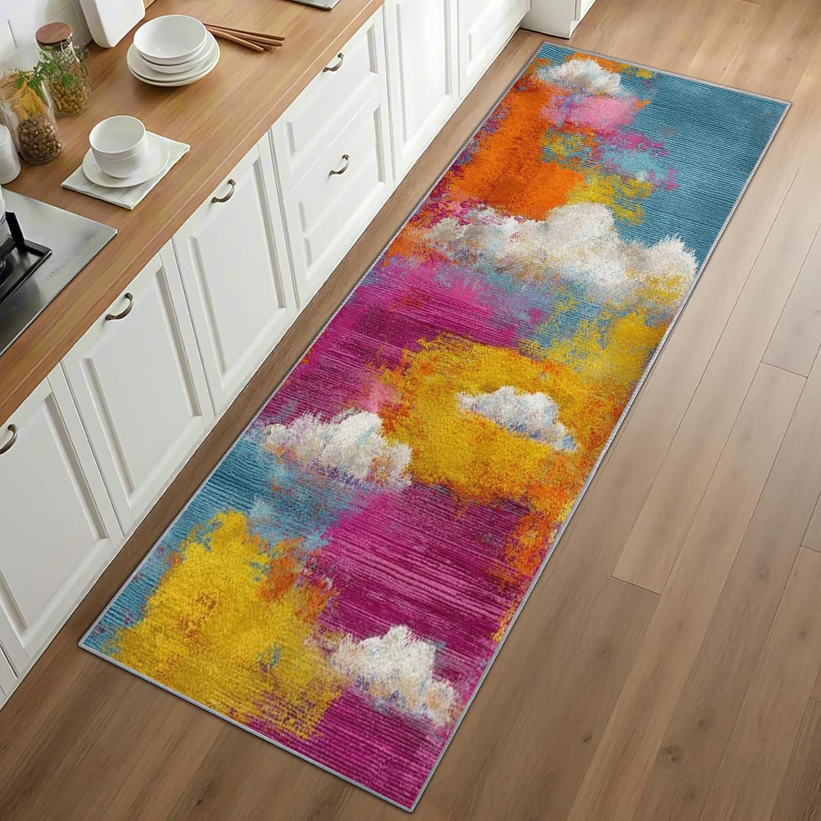 Rustic Cabin Modern Abstract Runner Rug for Hallway 120x360cm Sky Clouds Carpet Runner, Vibrant Colorful Long Carpet, Machine Washable Rug for High Traffic Areas in Hallway