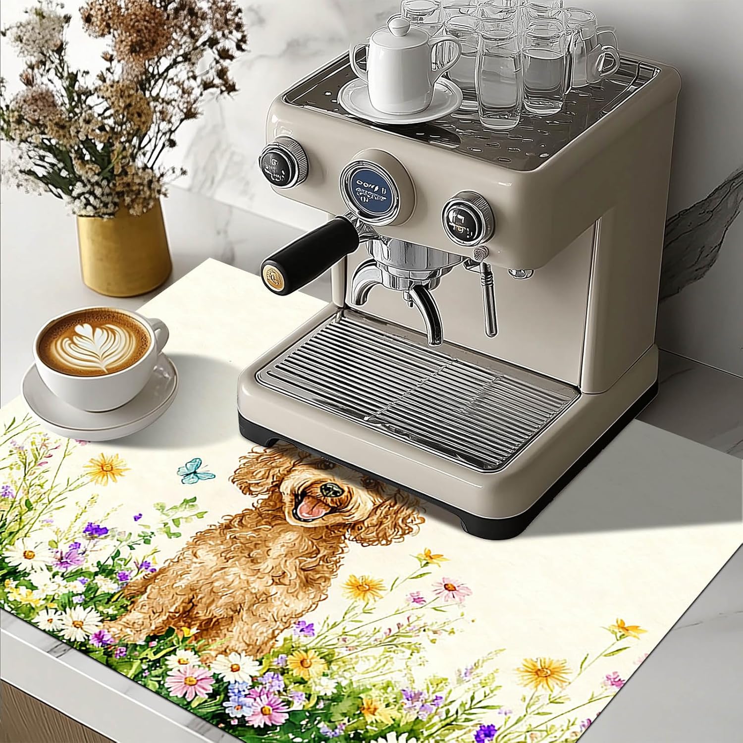 HOMETITUTE Spring Dog Stove Top Covers for Electric Stove 28x20 Inches Heat Resistant Glass Cooktop Protector Pad Decorative Stovetop Cover Dish Drying Mats for Kitchen Countertop Coffee Bar Decor