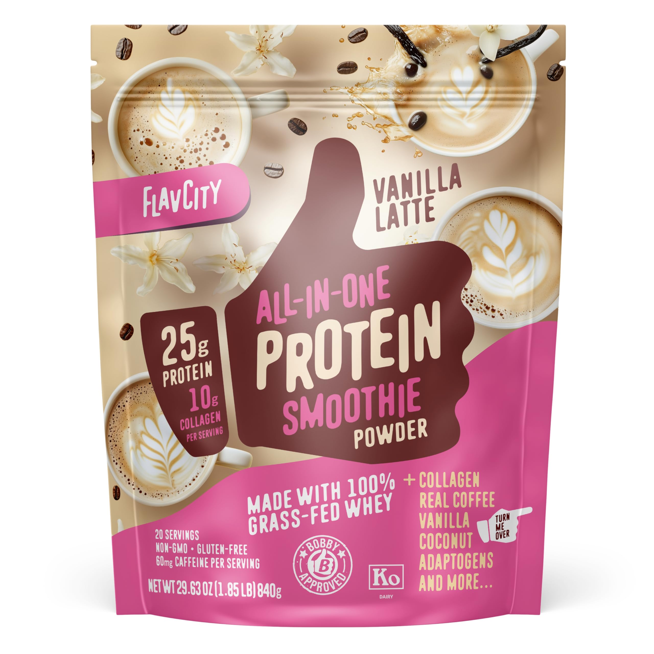 FlavCity Proteína em pó de whey com colágeno, reishi, cordyceps e 60 mg de cafeína, sabor Vanilla Latte, 20 porções