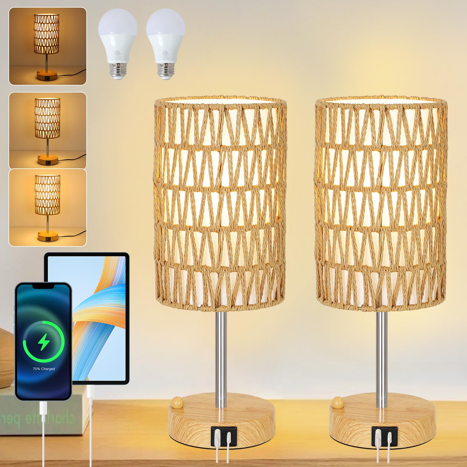 Rayofly Lámpara de Mesilla de Noche Set de 2, Lámpara de Noche Táctil Regulable con Función de Carga Puertos USB A+C, Boho Lámpara de Mesa Vintage con Pantalla de Ratán y Bombilla LED para Dormitorio