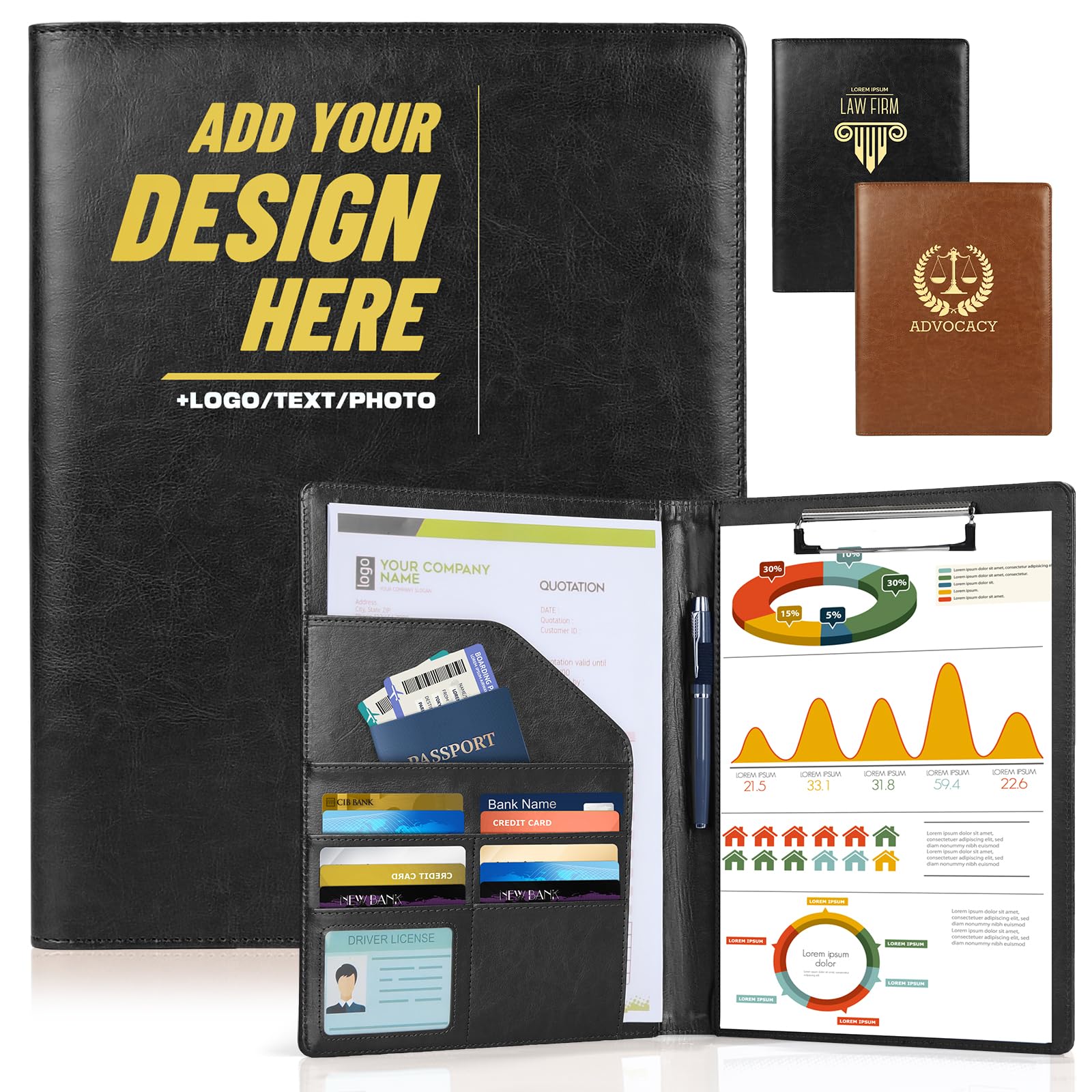 ENOMY Personalised File Folder Custom Leather Portfolio with Logo/Text/Photo Professional Business Portfolio A4 Letter Size Document Holder for Resumes Interviews Office Black