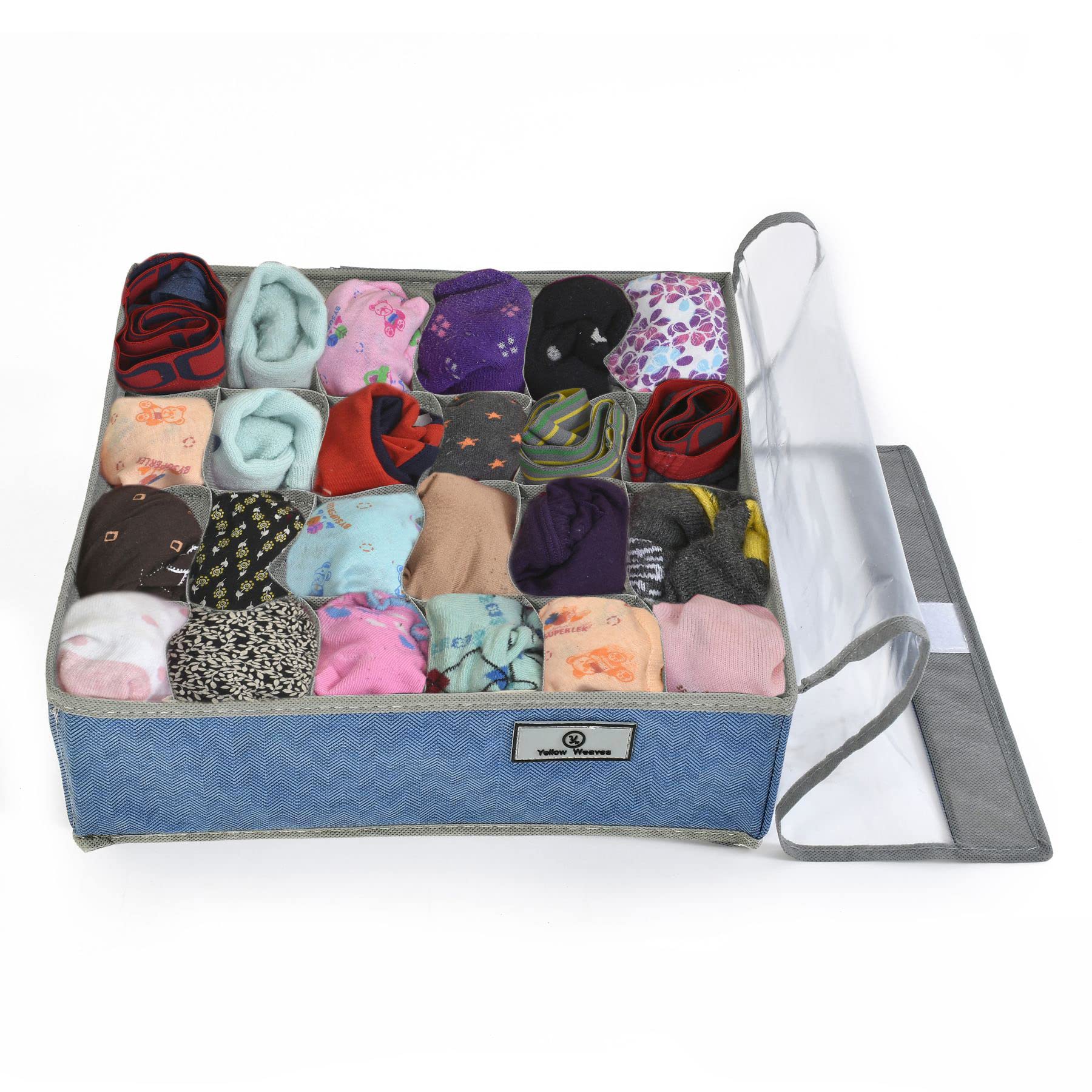 Yellow Weaves fabric Undergarments Organizer/Foldable Storage Box with Lid, Color - Blue-image-25